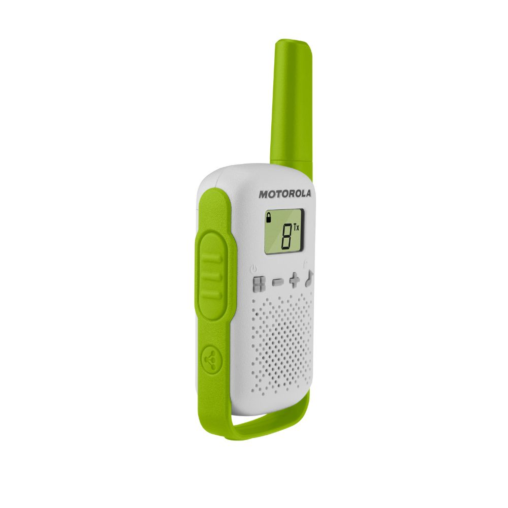Ein weißes und grünes Motorola-Walkie-Talkie. Es hat einen Bildschirm mit der Kanalnummer 8 und anderen Symbolen. Die Antenne ist grün.