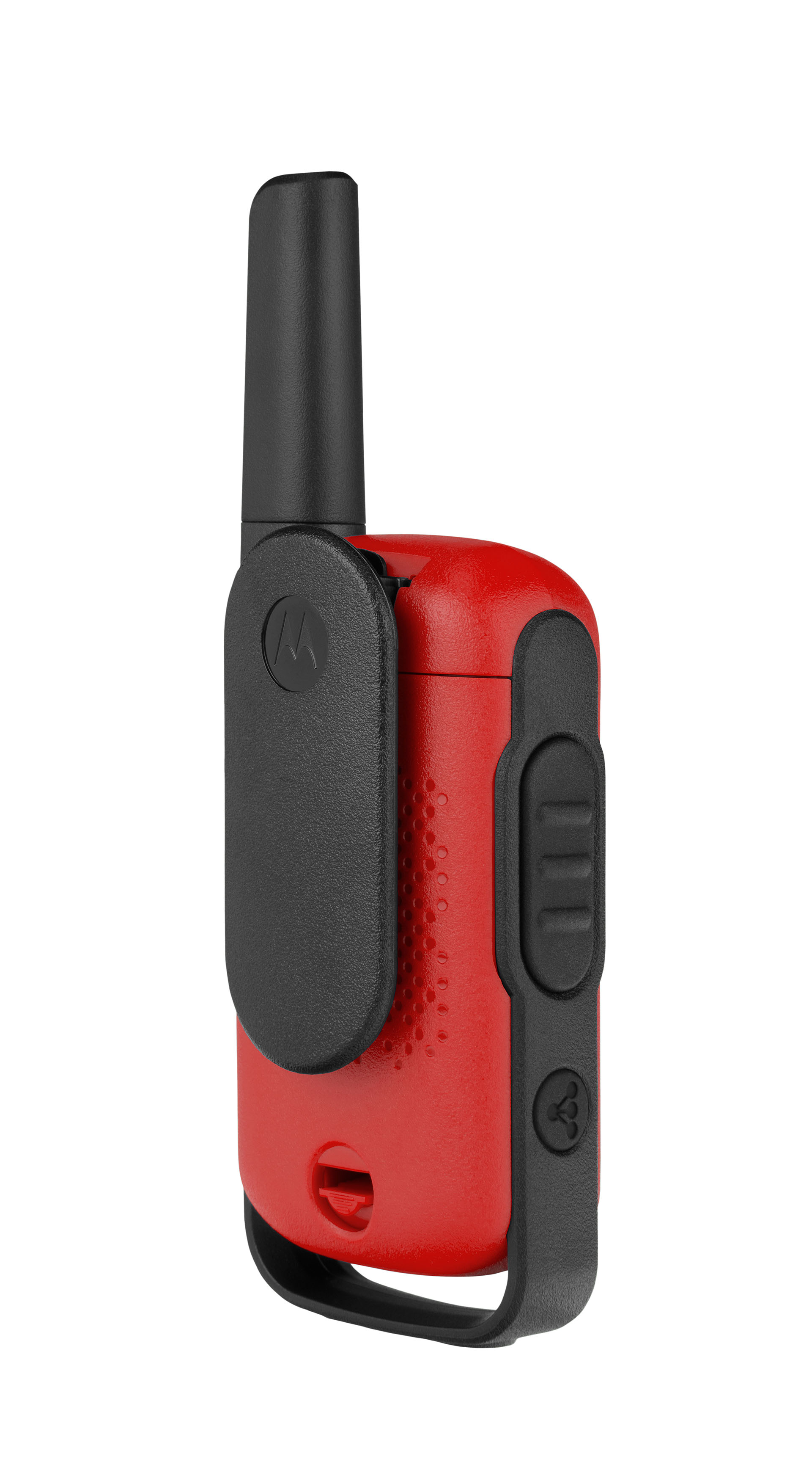 Ein rot-schwarzes Walkie-Talkie mit Antenne. Schwarzer Clip und Knöpfe. Motorola-Logo sichtbar.