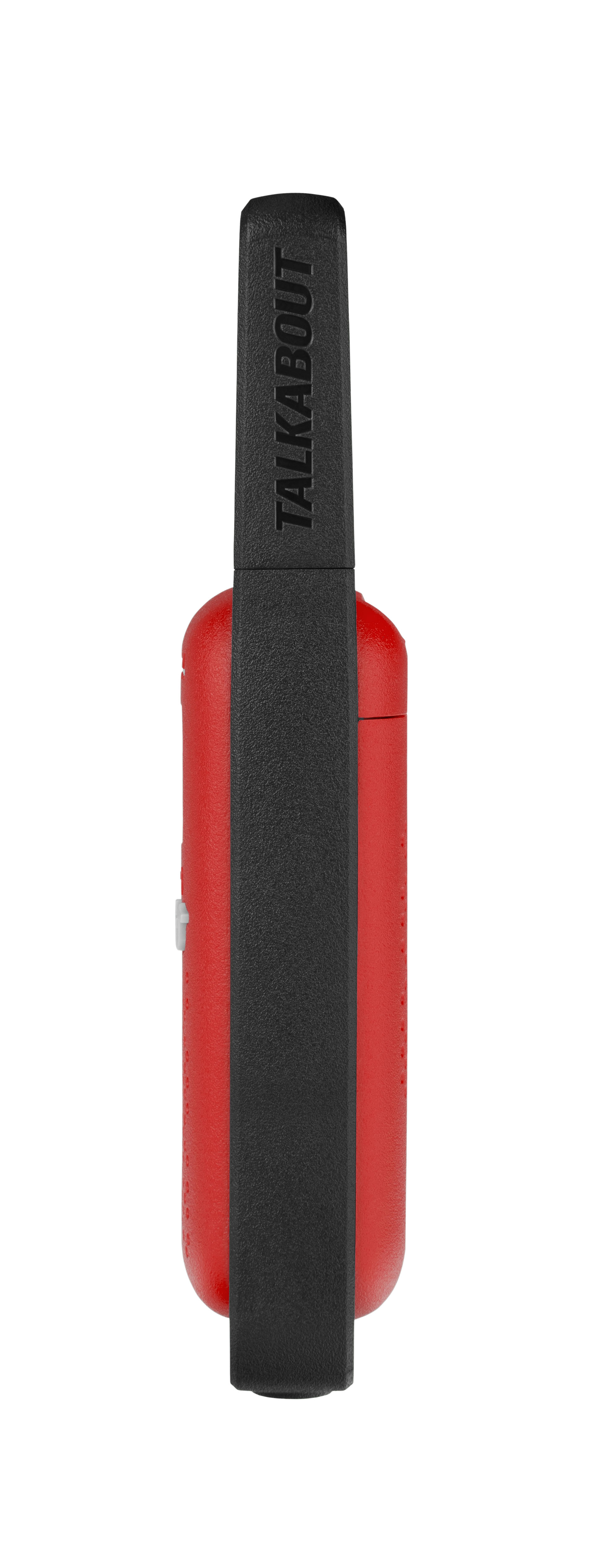 Ein rot-schwarzes Walkie-Talkie ist vor weißem Hintergrund zentriert. Das Wort 'TALKABOUT' ist oben sichtbar.