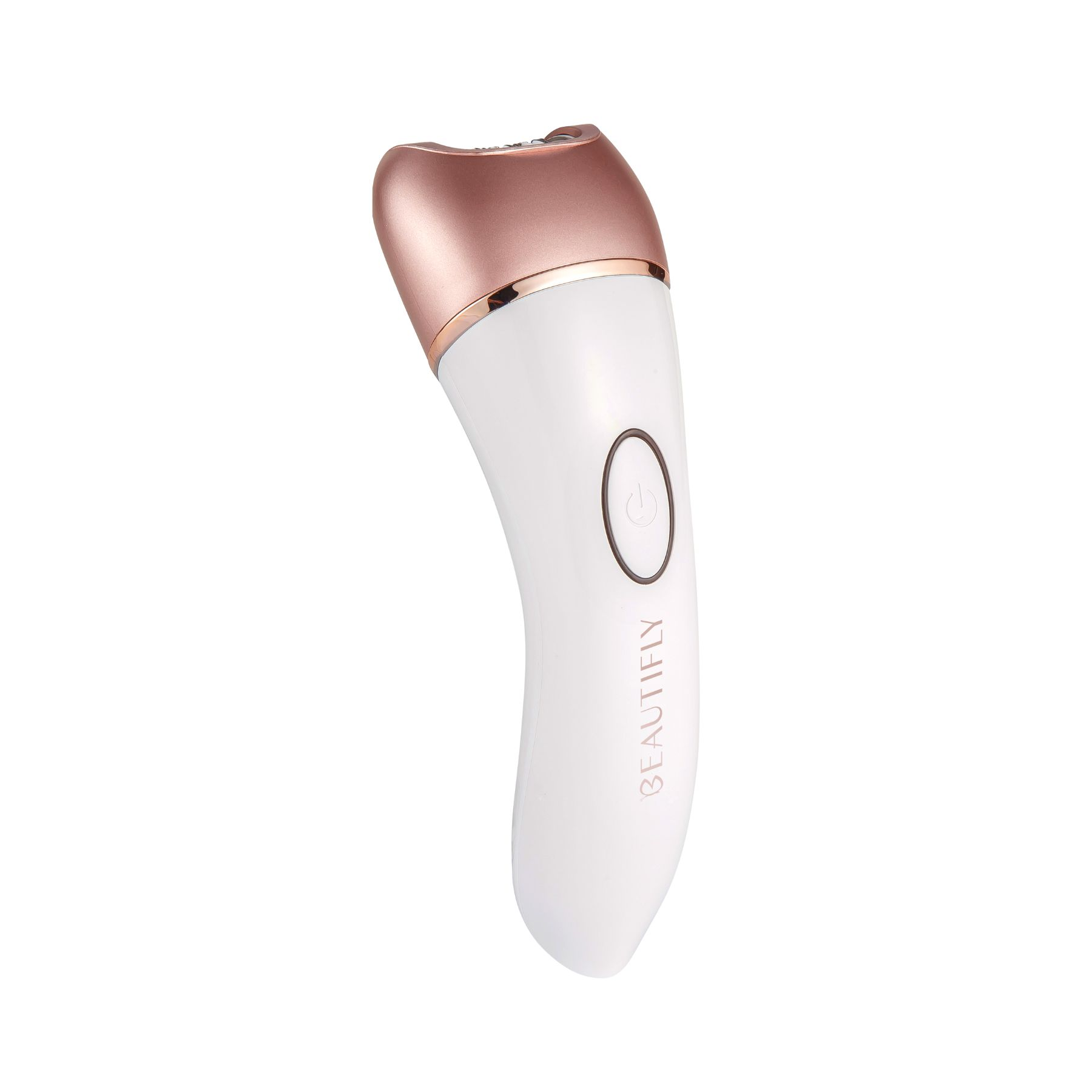 Ein weißer und roségoldener Elektrorasierer mit dem Wort BEAUTIFLY. Hat eine Power-Taste.