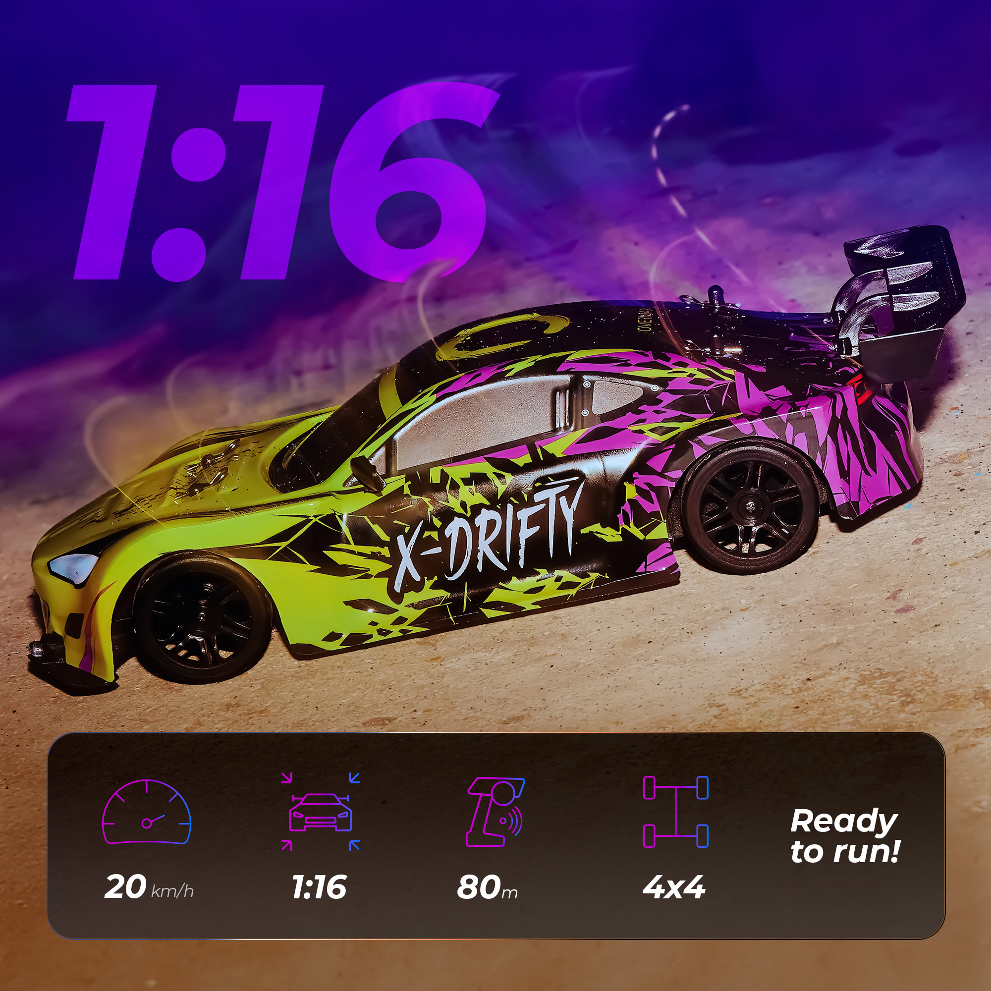 Ein neongrünes und lila X-Drifty RC-Auto mit schwarzen Rädern steht auf Sand. Text zeigt 20 km/h, 1:16, 80 m und 4x4.