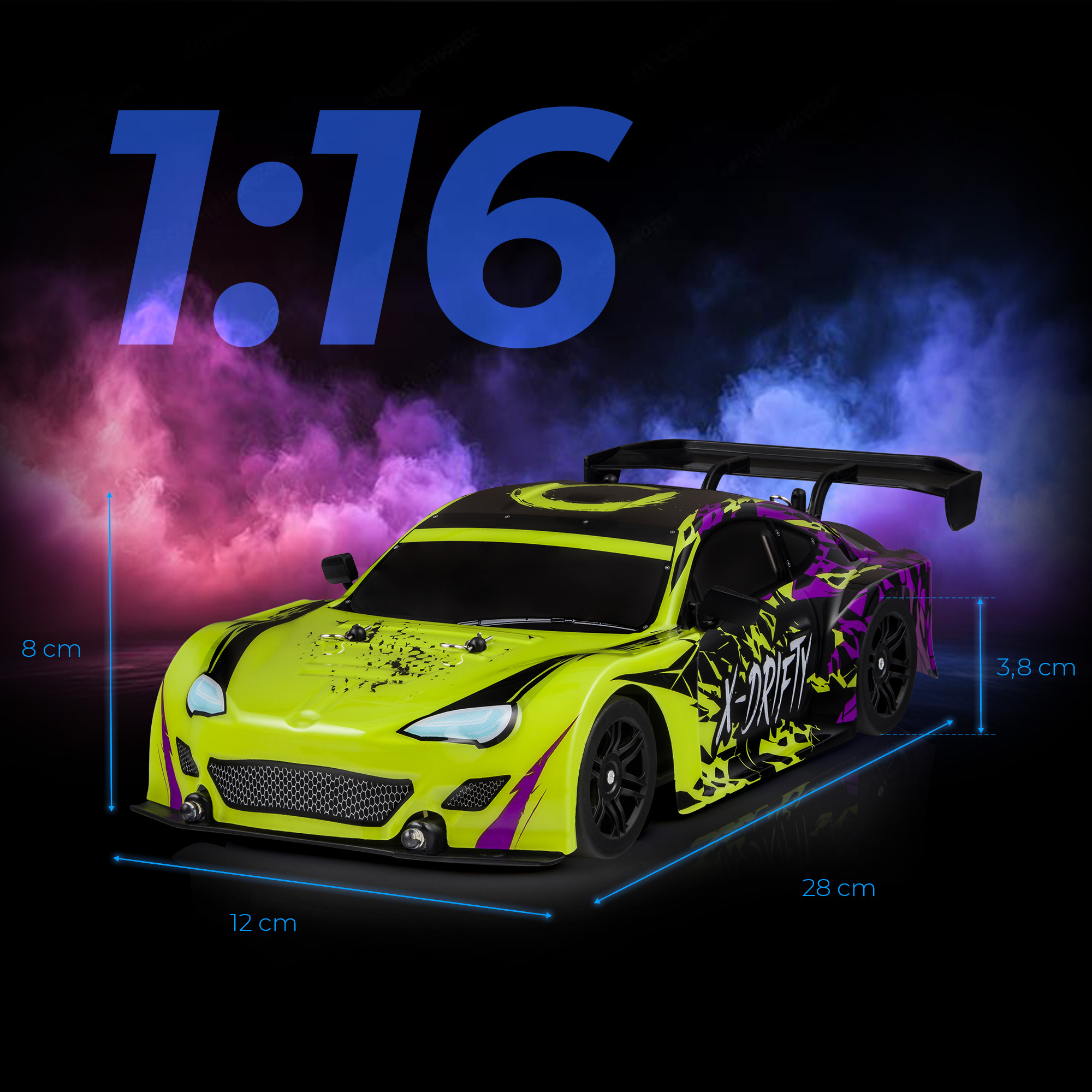 Ein gelbes und lila RC-Auto mit Abmessungen. Es hat einen Spoiler und den Text "X-DRIFT", vor einem dunklen, rauchigen Hintergrund.