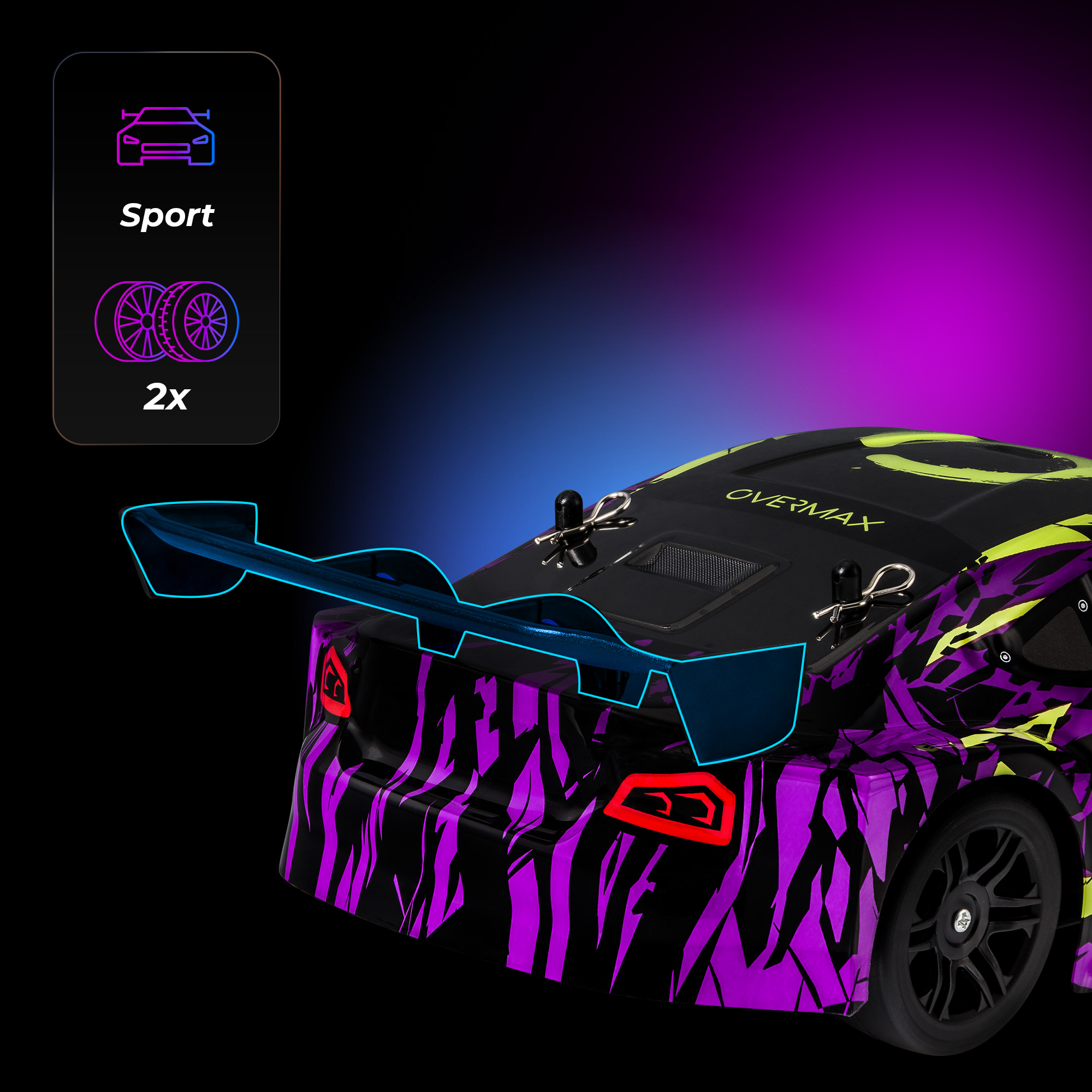Ein lila-schwarzes Sportauto mit gelben Akzenten. Es hat einen Spoiler und zwei Reifen sind abgebildet. Der Hintergrund ist schwarz mit blau und lila.
