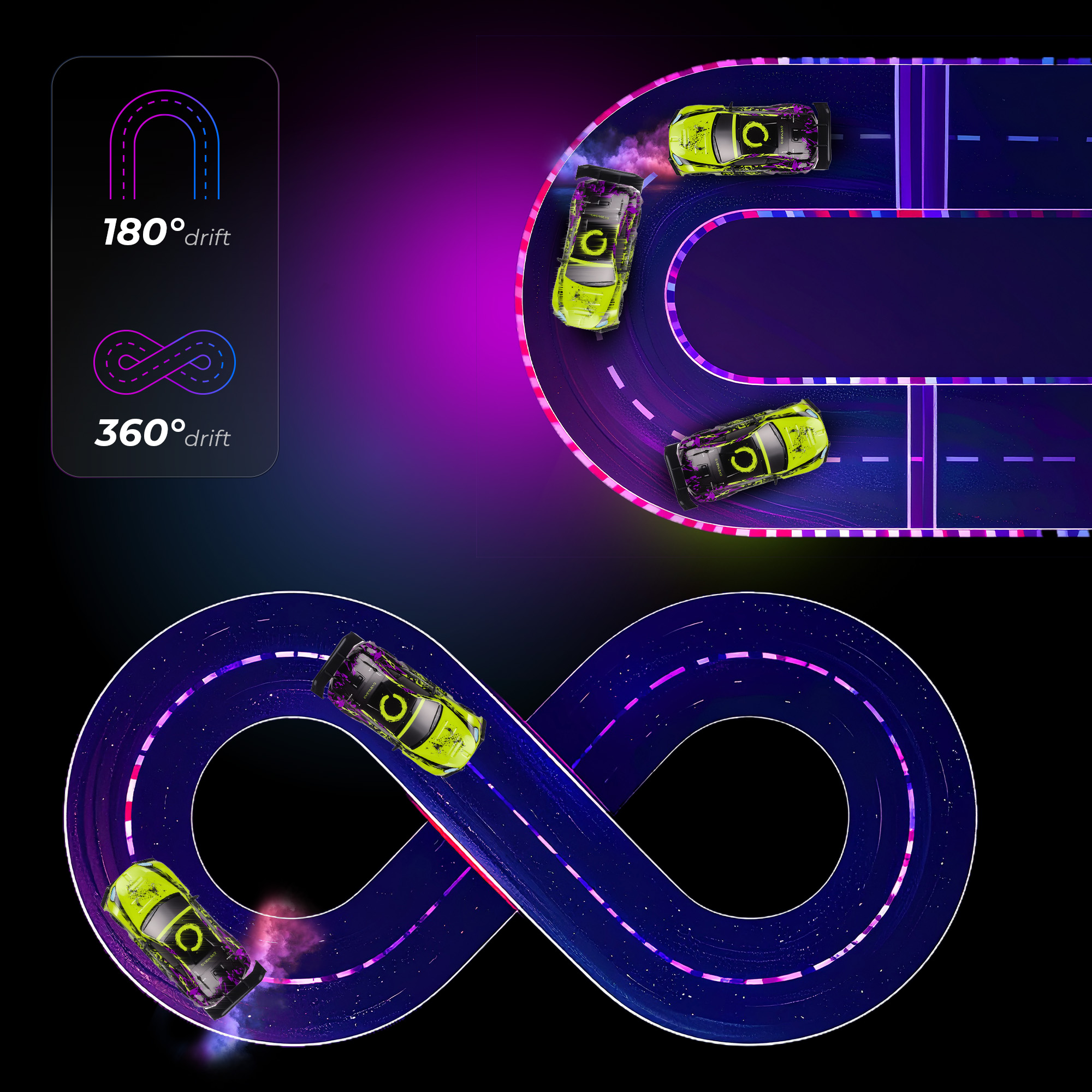 Gelbe Spielzeugautos driften auf Neonstrecken, eines in einer 180-Grad-Kurve und drei auf einer Achtstrecke, vor dunklem Hintergrund.