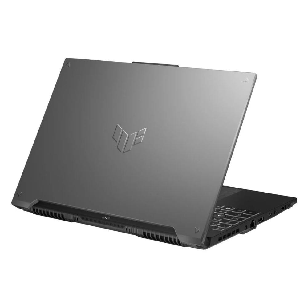 Gri bir dizüstü bilgisayar arkadan gösteriliyor, kısmen açık, klavyeyi ortaya çıkarıyor. ASUS logosu kapakta görülebilir.