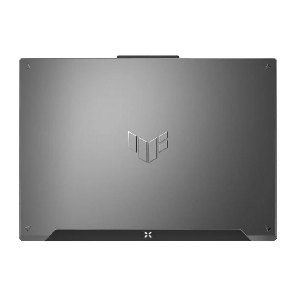 Ortada ASUS TUF logosu bulunan gri bir dizüstü bilgisayar kapağı. Kapak kapalıdır. Köşelerde küçük üçgen işaretleri vardır.