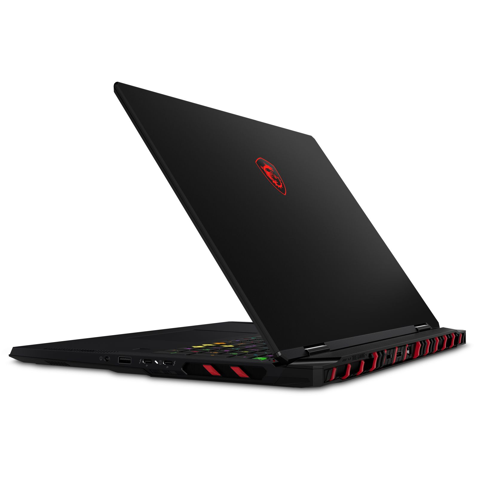 Schwarzer Laptop mit roten Akzenten. Bildschirm offen. MSI-Logo oben. Weißer Hintergrund.