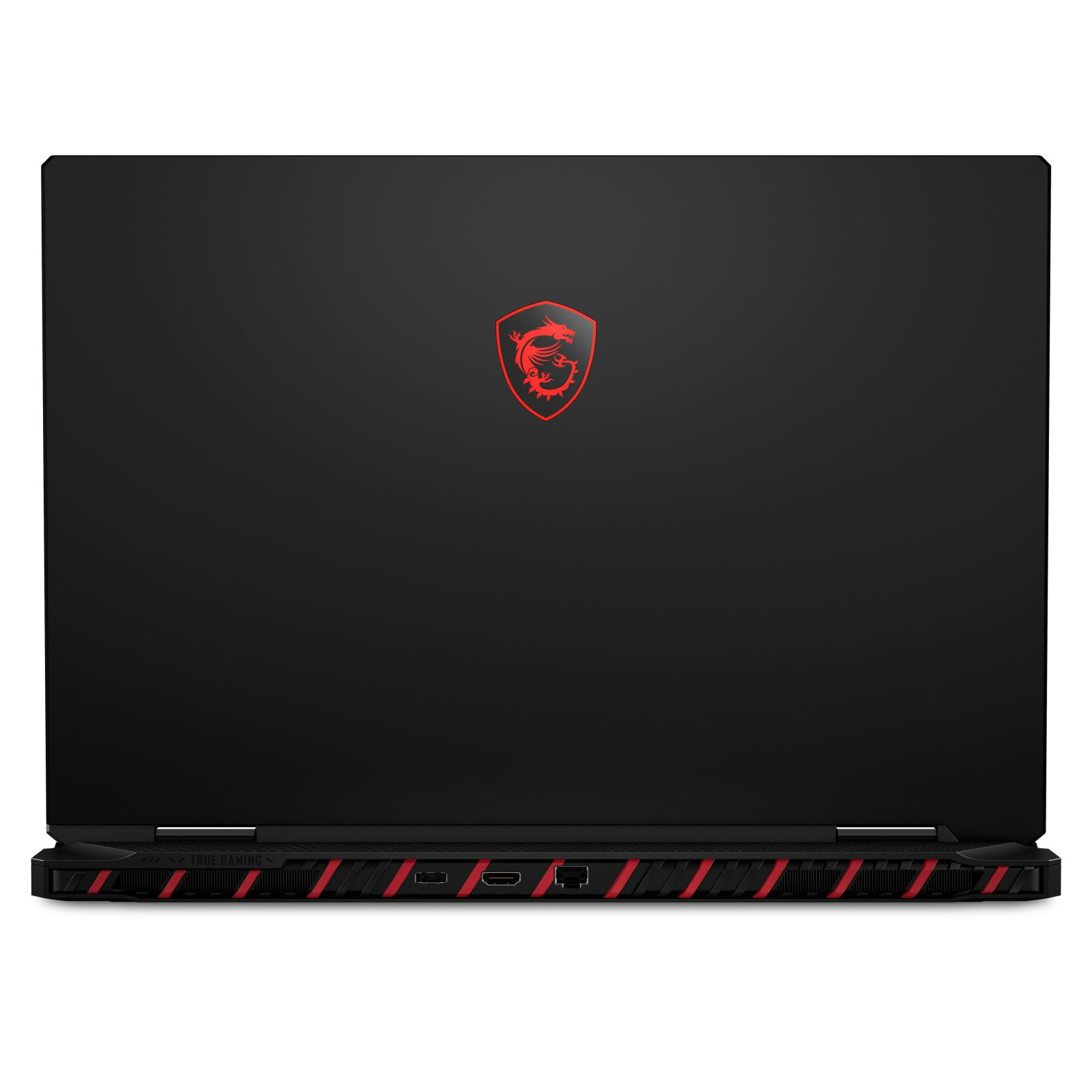 Ein geschlossener schwarzer Laptop mit rotem Drachenlogo. Der Boden hat rote Akzente und Anschlüsse. Der Laptop steht auf weißem Untergrund.