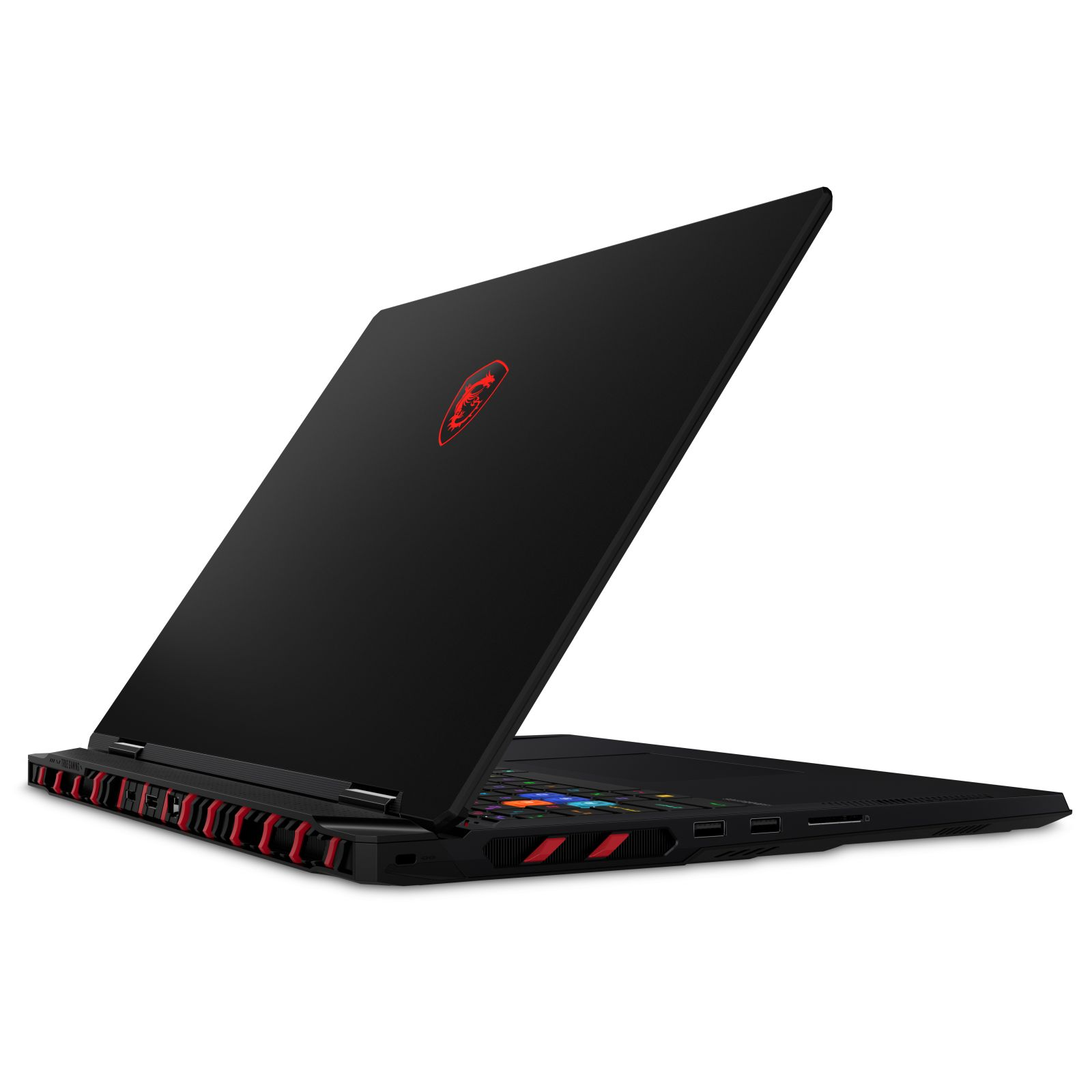 Schwarzer Laptop mit roten Akzenten, geöffnet. Der Deckel zeigt ein rotes Drachenlogo. Die Tastatur ist sichtbar mit bunten Tasten.