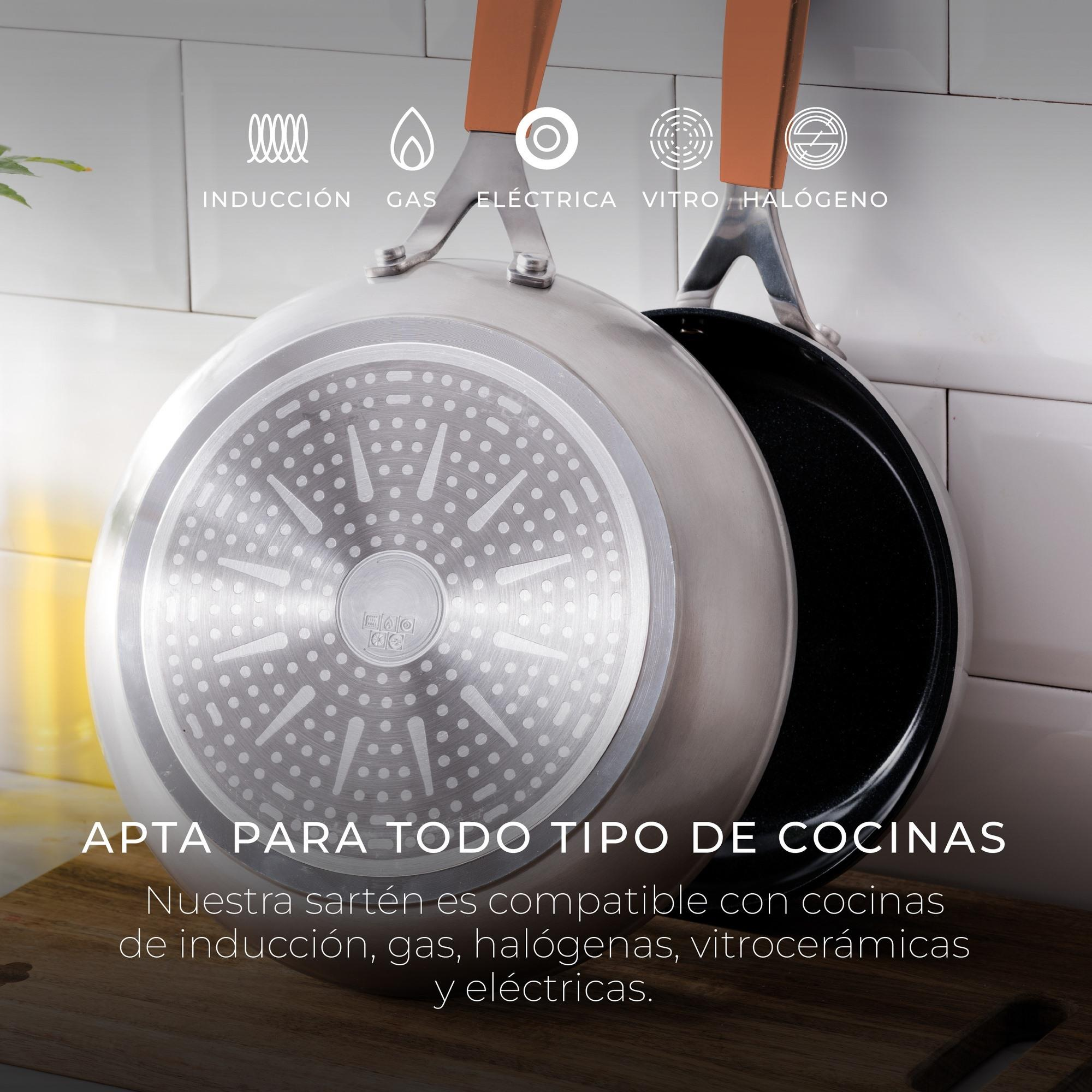 Dos sartenes con asas naranjas, aptas para cocinas de inducción, gas, eléctricas, vitro y halógenas. Texto: 'APTA PARA TODO TIPO DE COCINAS'.
