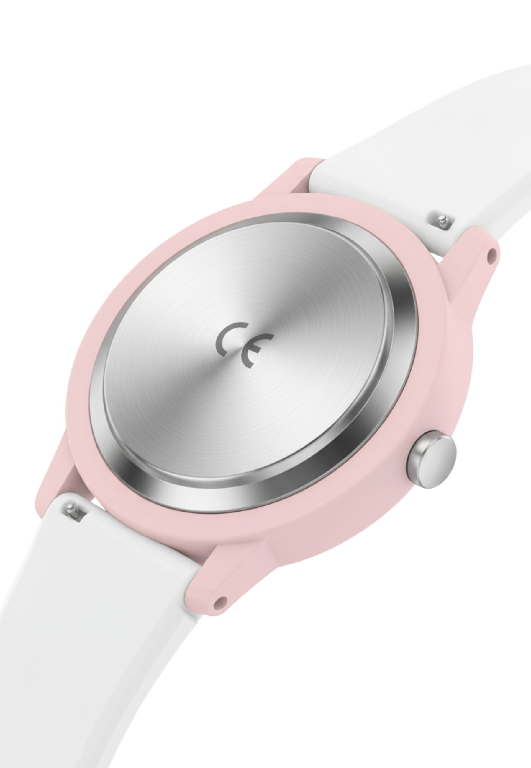 Rückansicht einer Uhr mit rosa Gehäuse und weißem Armband. Das Zifferblatt ist silberfarben mit CE-Zeichen.