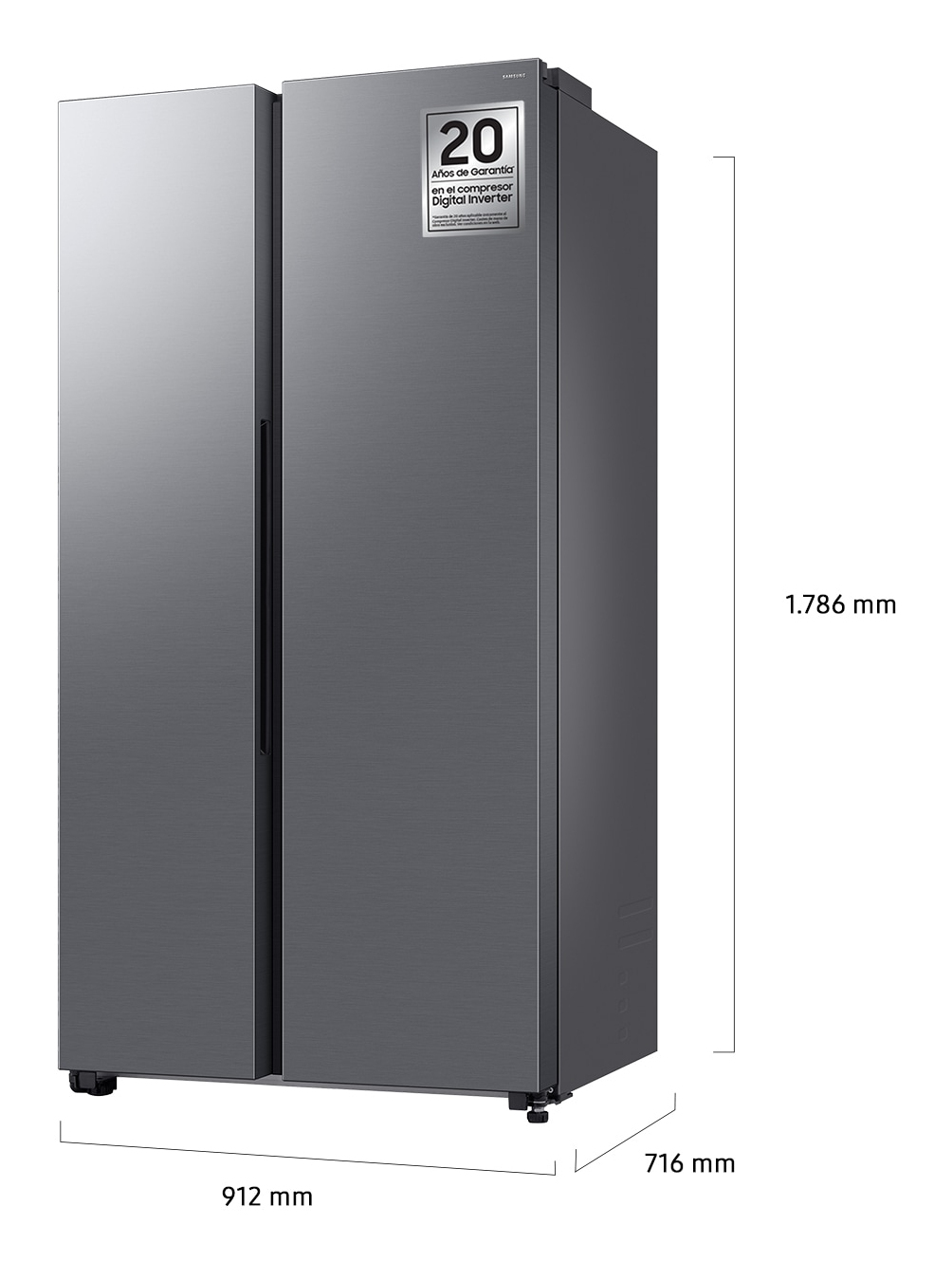 Szara lodówka Samsung z dwoma drzwiami. Wymiary: 1786 mm wysokości, 912 mm szerokości i 716 mm głębokości. Posiada 20 lat gwarancji.