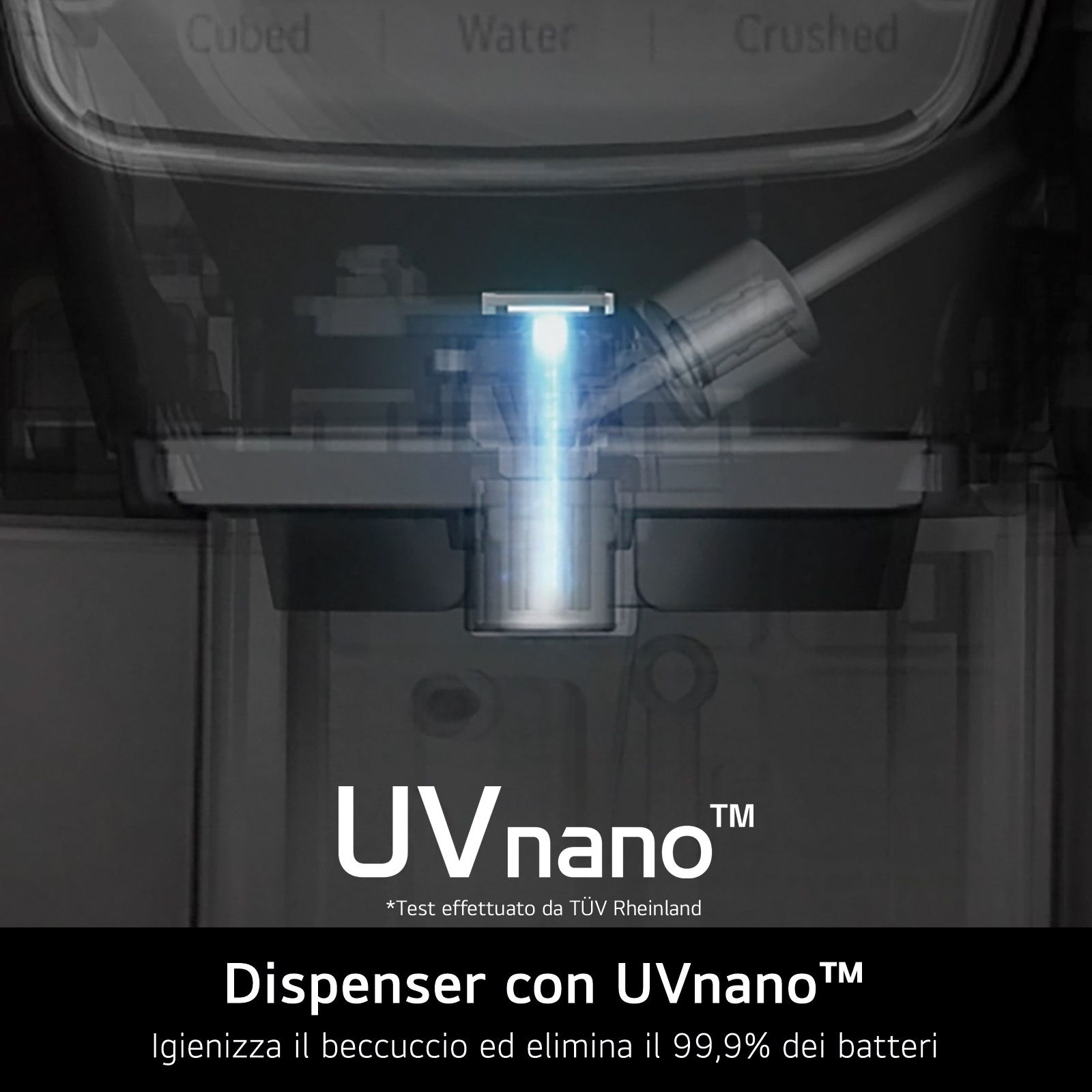 Un primo piano di un distributore d'acqua con tecnologia UVnano. L'immagine è per lo più grigia e bianca con luce blu.