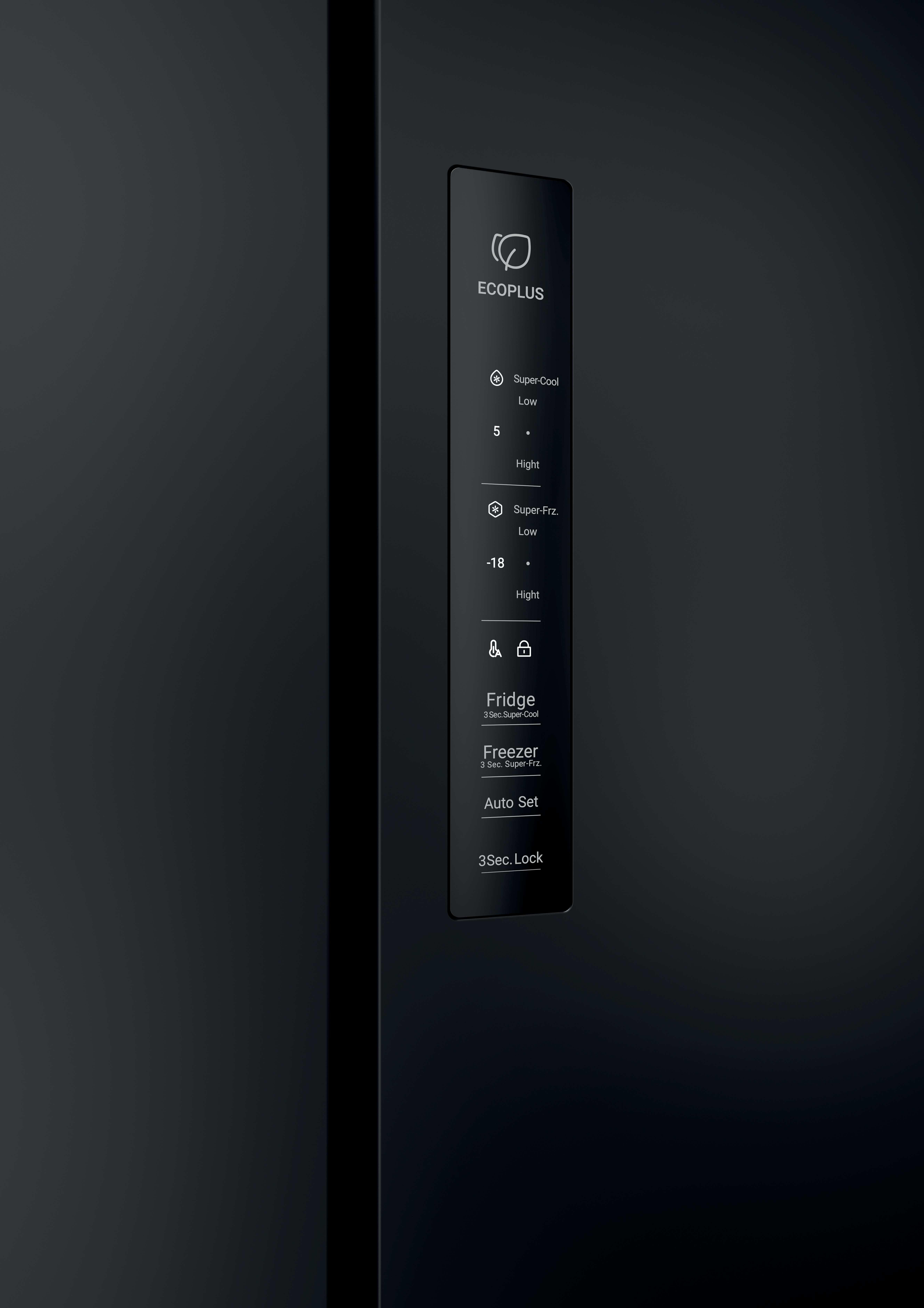 Un primo piano di una porta di frigorifero nera, con pannello di controllo che mostra opzioni come super cool, super freeze e lock.