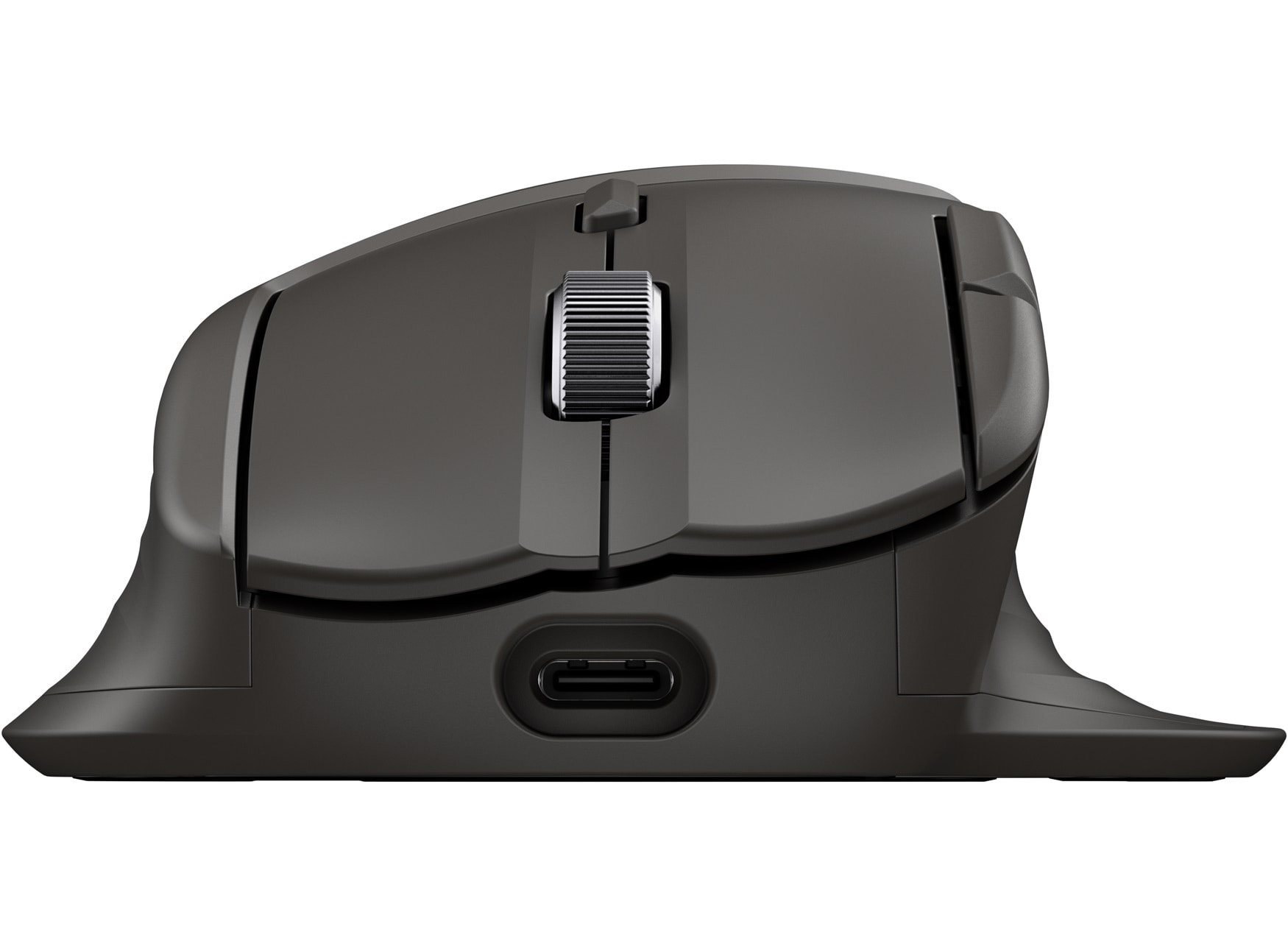 Ciemnoszara ergonomiczna mysz komputerowa. Ma kółko przewijania, przyciski i port USB-C. Tło jest białe.