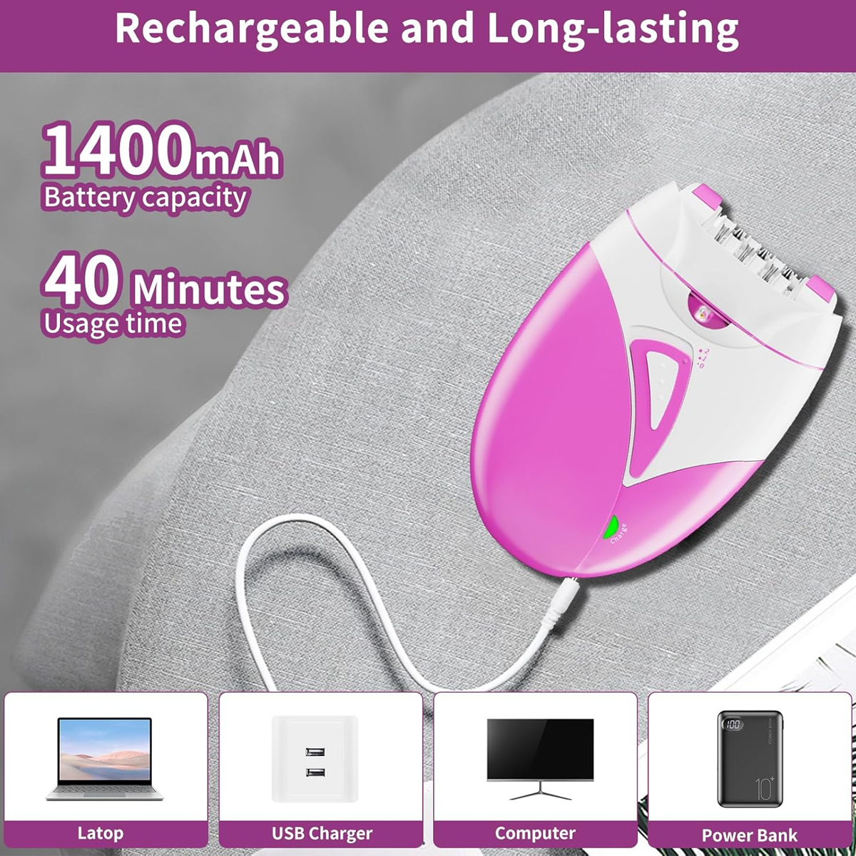 Ein rosa und weißer Epilierer wird aufgeladen. Spezifikationen: 1400mAh Akku, 40 Minuten Nutzungszeit. Symbole von Laptop, USB-Ladegerät, Monitor und Powerbank.