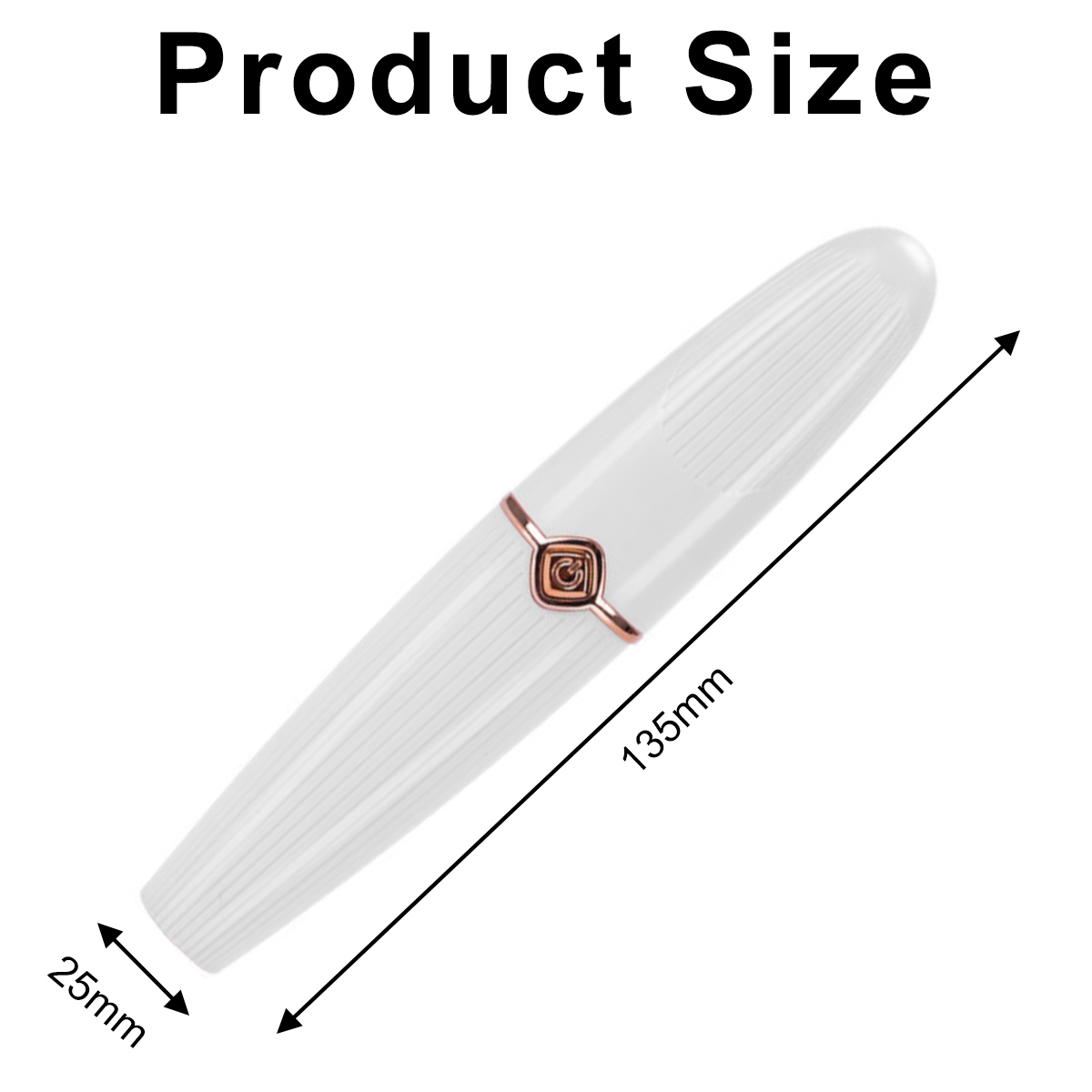 Ein weißes, stiftförmiges Produkt mit kupferfarbenen Akzenten wird gezeigt. Die Abmessungen sind 135 mm lang und 25 mm breit. Der Text 'Produktgröße' steht oben.