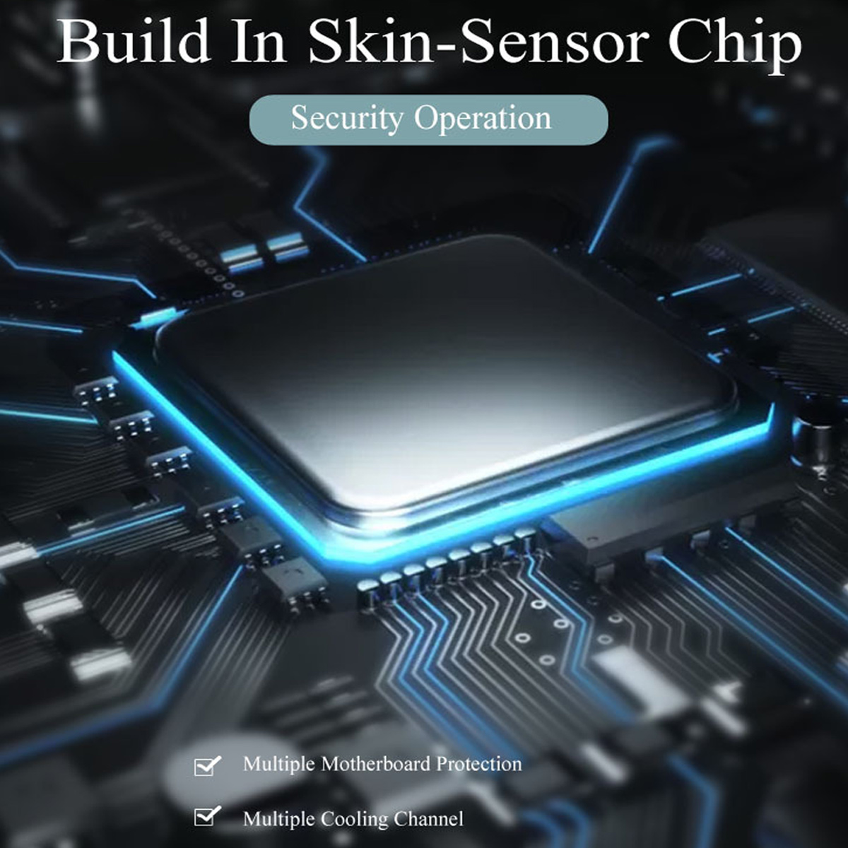 Ein Computerchip mit blau leuchtenden Kanten im Fokus. Text lautet 'Build In Skin-Sensor Chip' und 'Security Operation'.