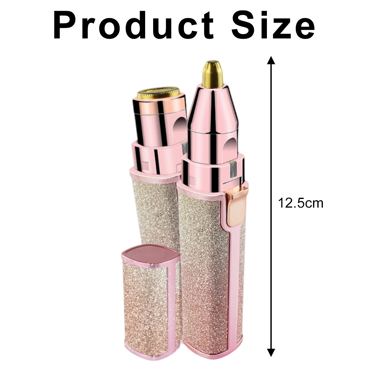 Ein rosa-goldenes Schönheitsgerät mit drei Teilen, beschriftet mit Produktgröße und einer Höhe von 12,5 cm.