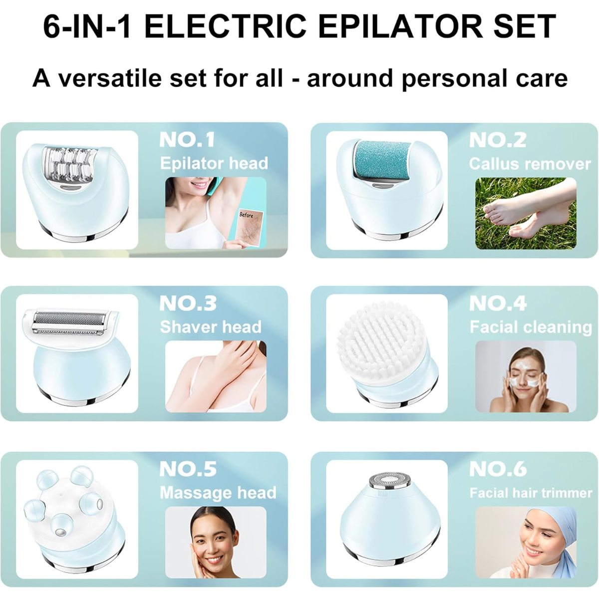Ein elektrisches Epilierer-Set mit 6 Köpfen für die Körperpflege: Epilierer, Hornhautentferner, Rasierer, Gesichtsreinigung, Massage und Haarschneider.