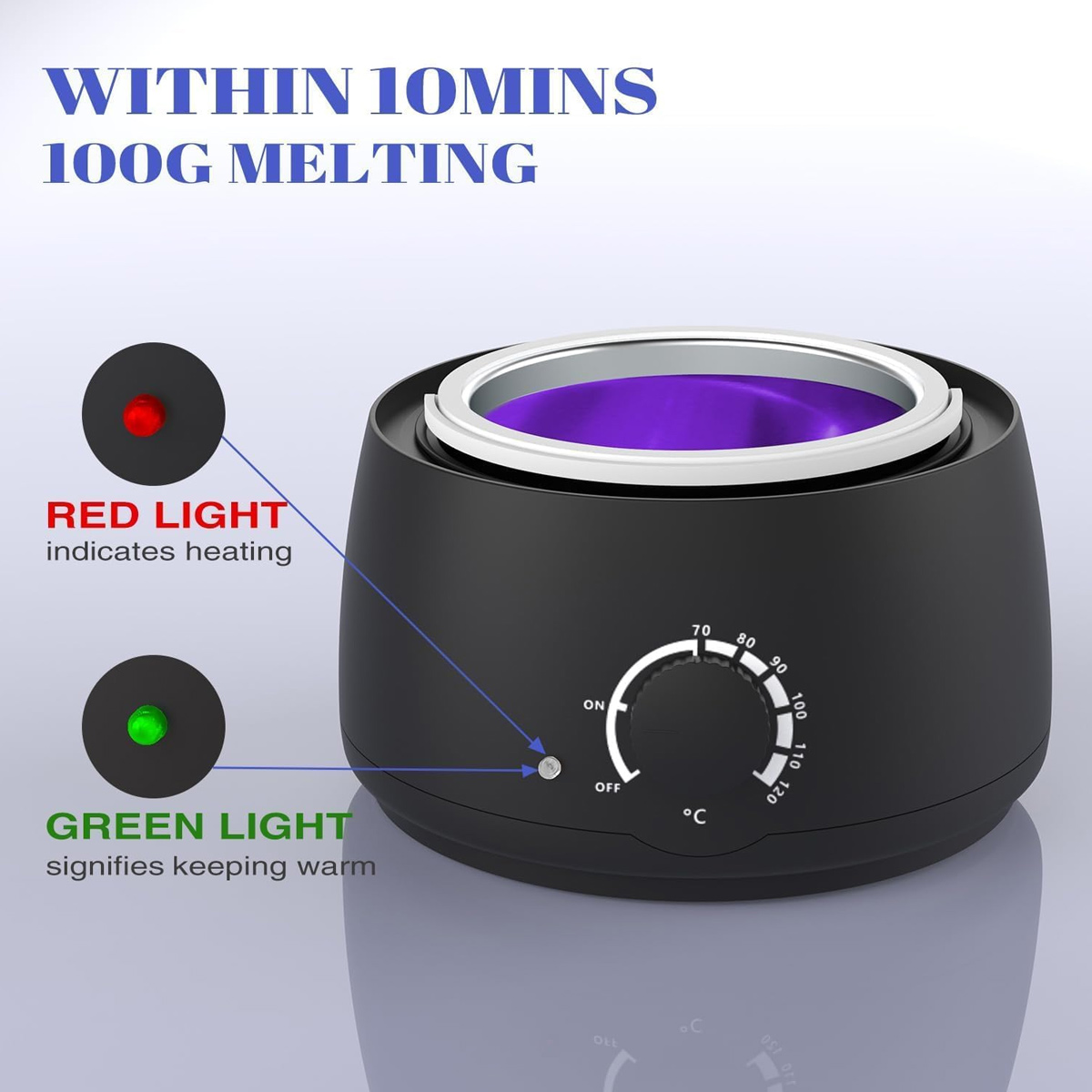 Ein schwarzer Wachswärmer mit violettem Innenraum. Er hat einen Temperaturregler und rote/grüne Lichter zur Anzeige von Erhitzen und Warmhalten.