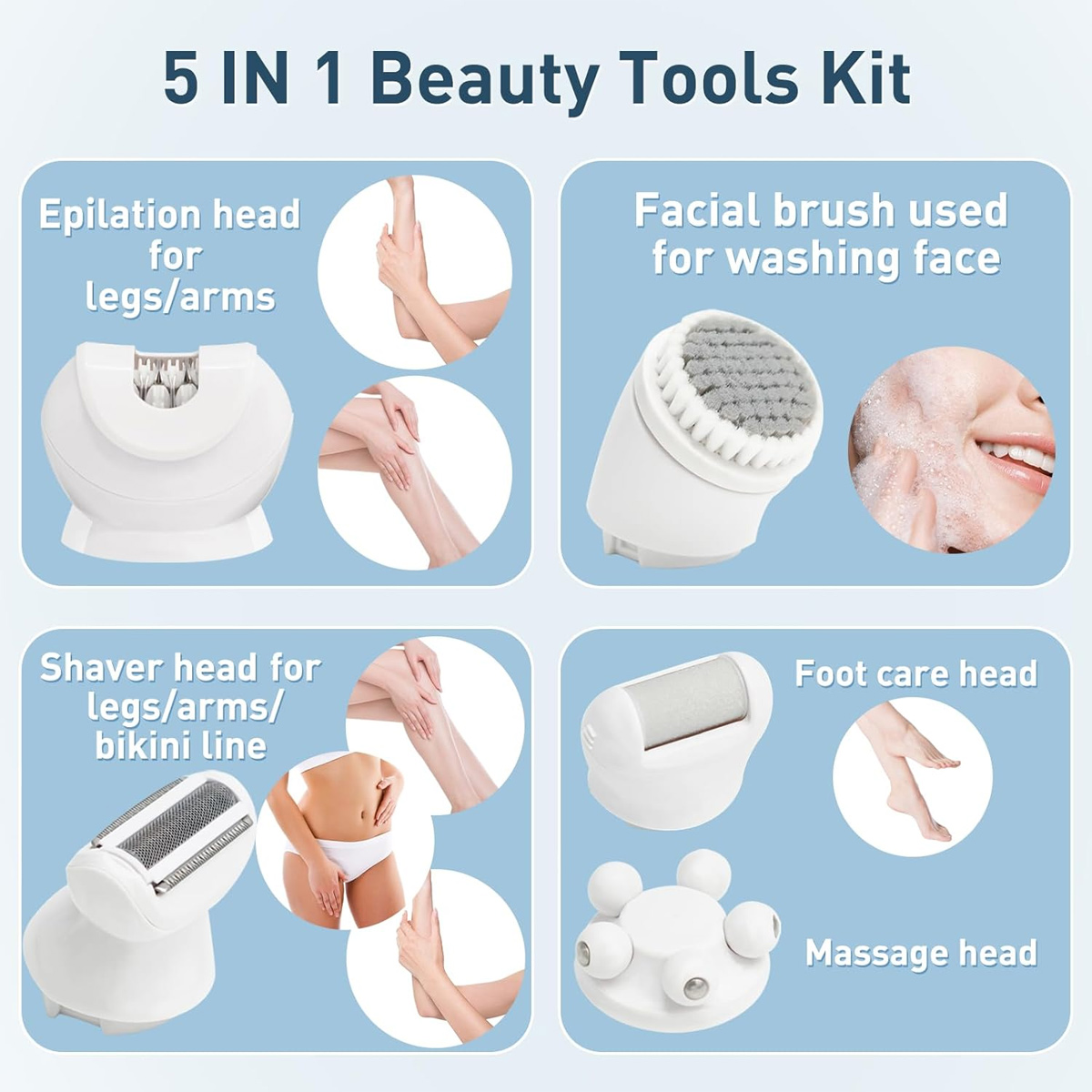 Ein Set mit 5 Beauty-Tools: Epilierkopf, Gesichtsbürste, Rasierkopf, Fußpflegekopf und Massagekopf, auf blauem Hintergrund.