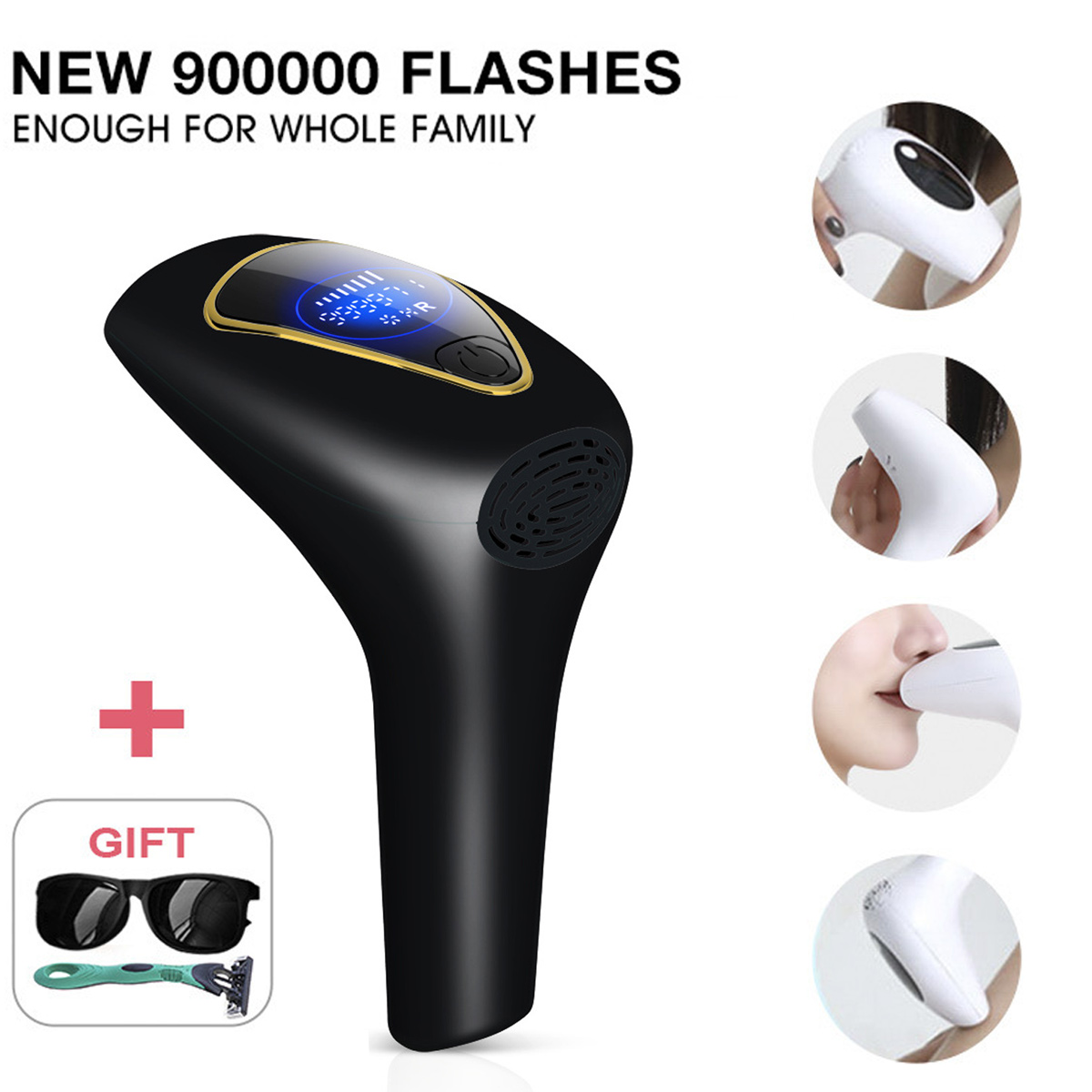 Schwarzes Laser-Haarentfernungsgerät mit Display, Sonnenbrille, Rasierer und Bildern der Anwendung. Text: NEU 900000 BLITZE.
