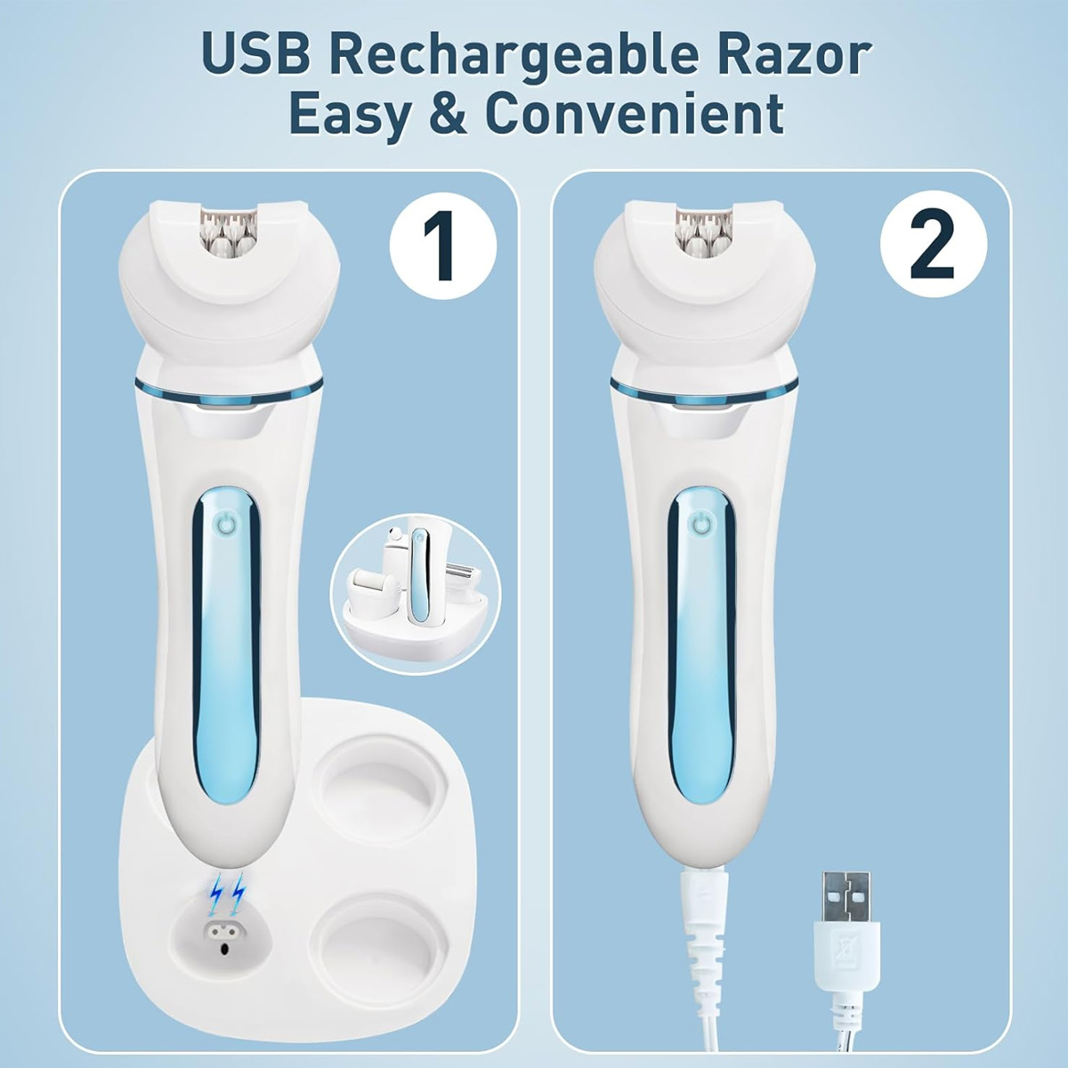 Zwei elektrische Rasierer. Einer auf einer Ladestation, der andere mit USB-Kabel. Blauer Hintergrund. Text: 'USB-Rasierer'.