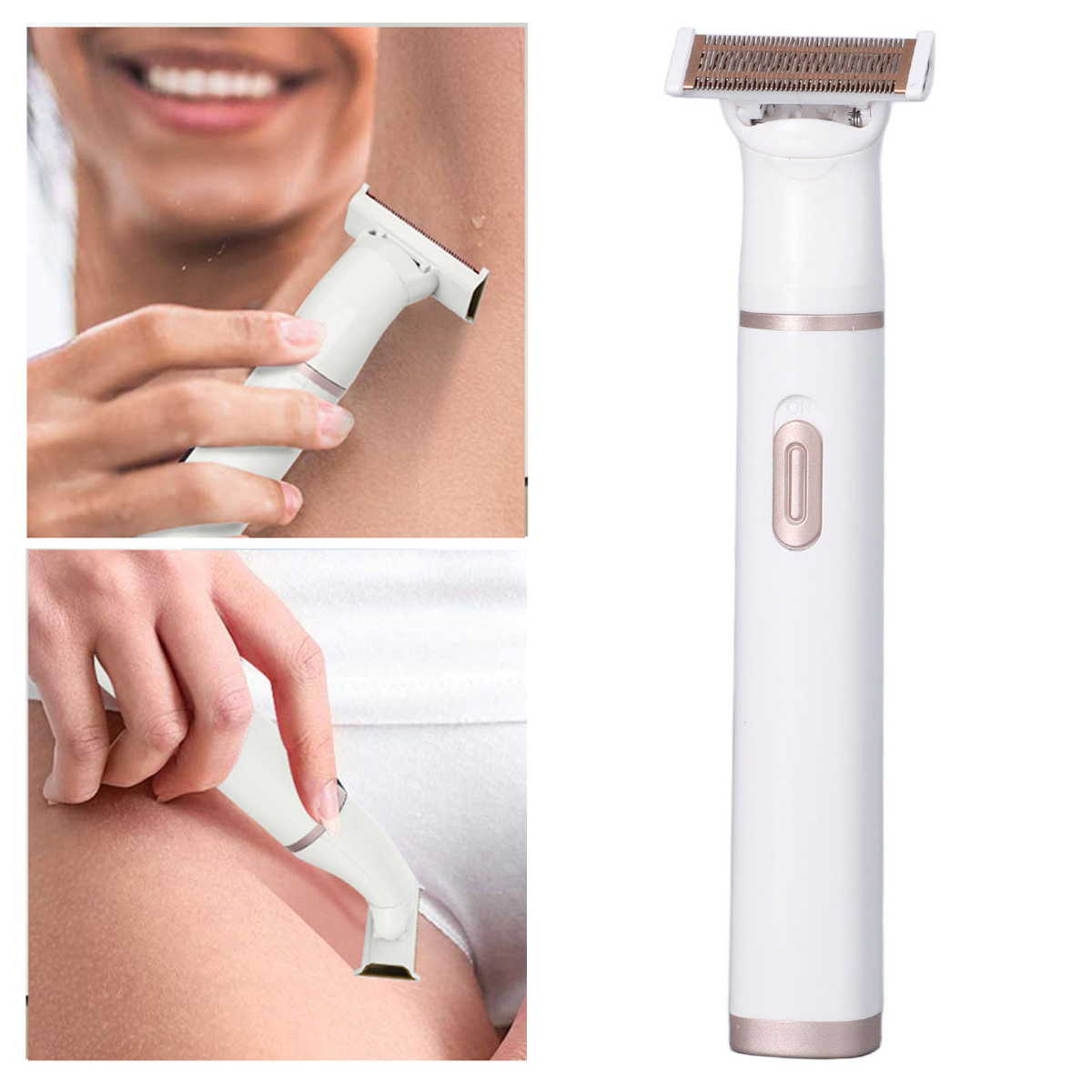Das Bild zeigt eine Frau, die einen weißen Elektrorasierer benutzt, um Haare unter ihren Achseln und im Bikinibereich zu entfernen.