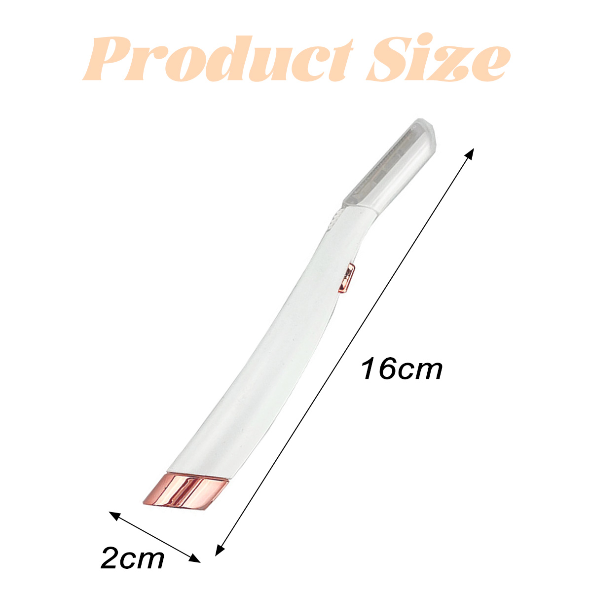 Elektrischer Augenbrauenrasierer in Weiß und Roségold, mit Größenangaben: 16 cm lang, 2 cm breit. Oben steht 'Produktgröße'.