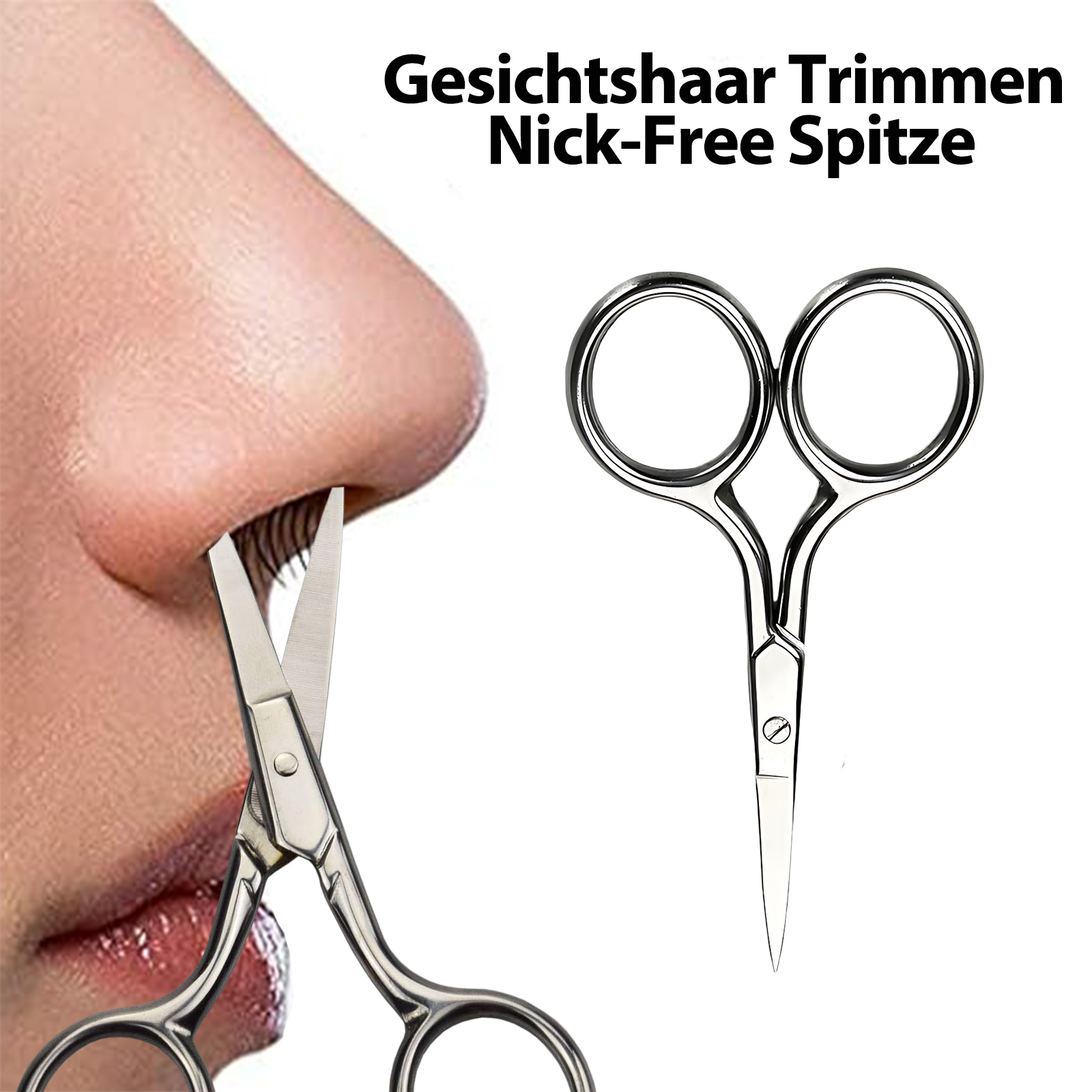 Schere trimmt Nasenhaare, Nahaufnahme. Hauttöne. Text oben. Ein weiteres Scherenpaar rechts.
