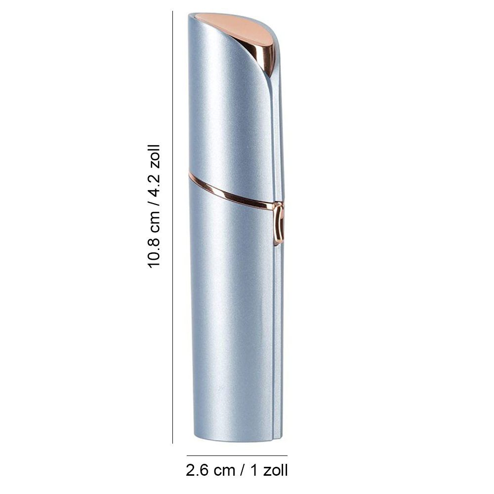 Ein hellblau-goldener Gesichtshaarentferner. Er ist zylindrisch. Die Abmessungen betragen 10,8 cm mal 2,6 cm.