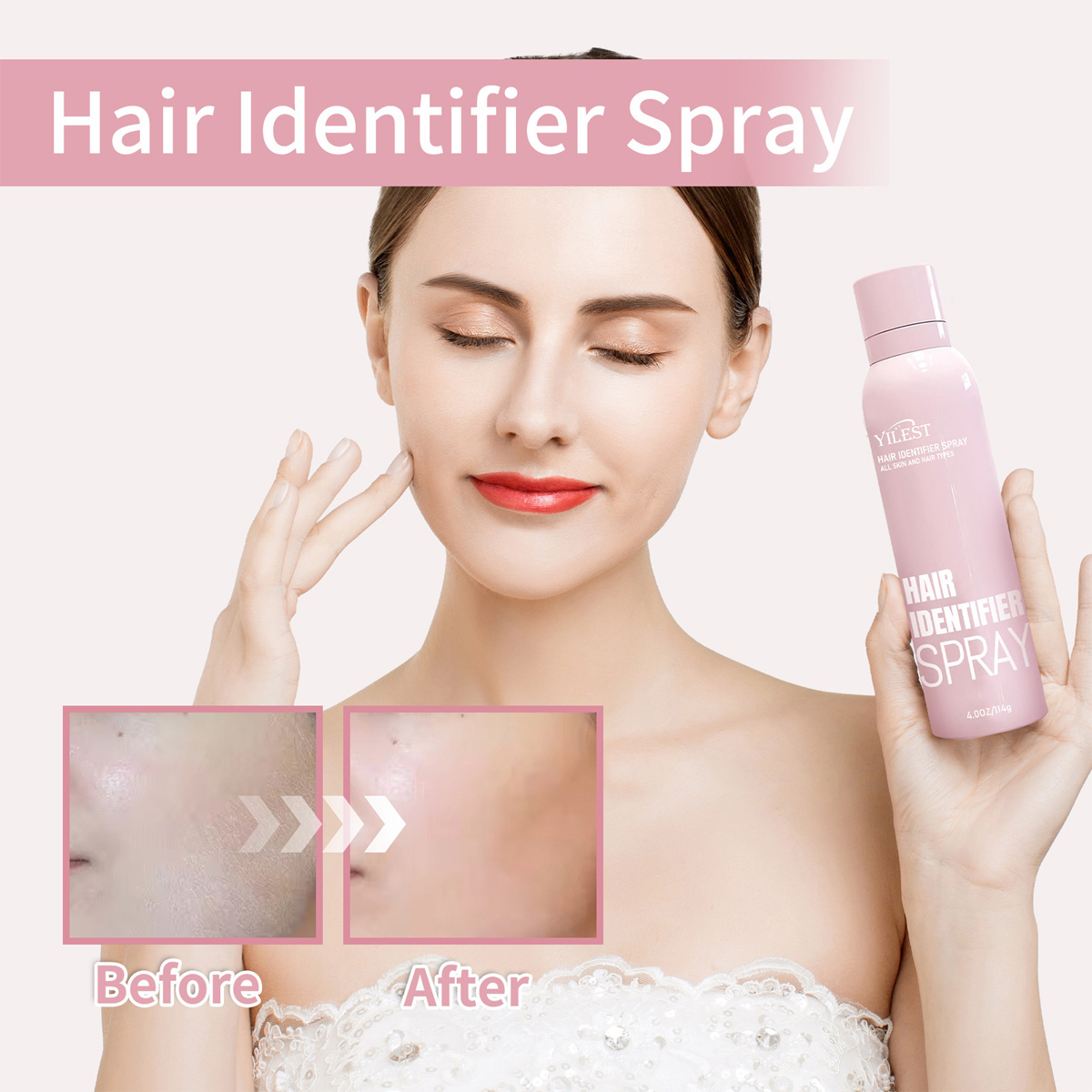 Eine Frau hält ein rosa Haarkennungsspray und zeigt Vorher-/Nachher-Hautstruktur. Der Text lautet 'Hair Identifier Spray'.
