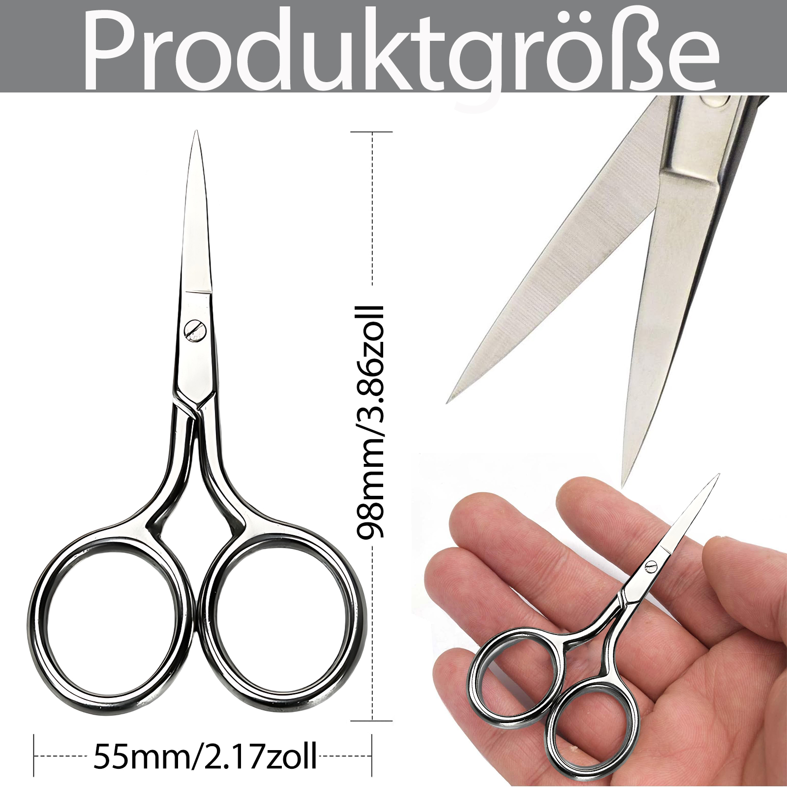 Silberschere mit Maßen, in einer Hand gehalten. Die Schere ist 98 mm lang und 55 mm breit.