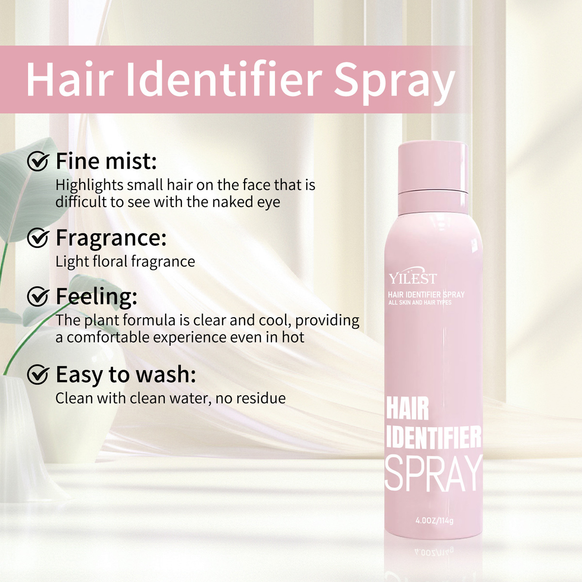 Eine rosa Flasche 'Hair Identifier Spray' steht auf weißem Untergrund. Text beschreibt feinen Nebel, Duft, Gefühl und einfache Wäsche.
