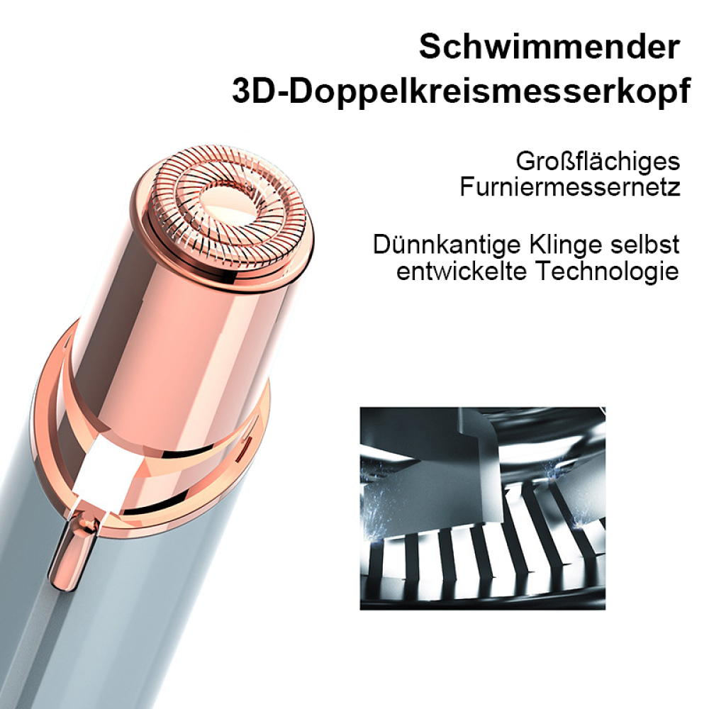 Elektrischer Rasierer mit roségoldfarbenem Kopf und grauem Gehäuse. Deutscher Text beschreibt Funktionen.