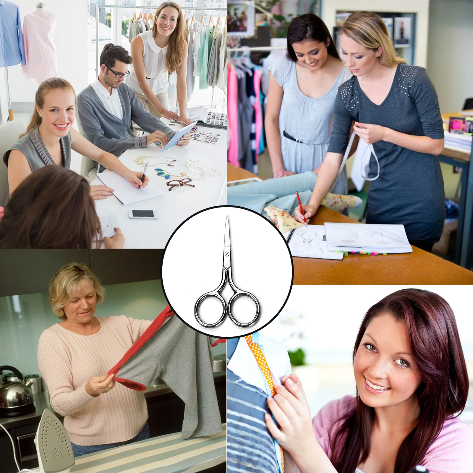 Eine Collage, die Mode-Design- und Nähaktivitäten zeigt. Menschen arbeiten an Entwürfen, messen Stoff und nähen Kleidung.