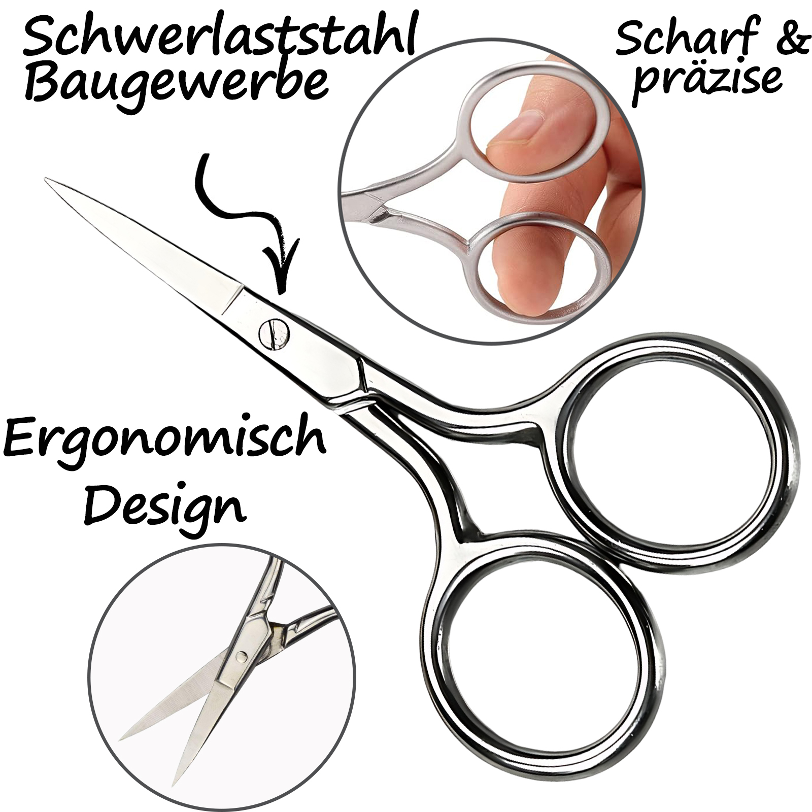 Silberne Schere mit ergonomischem Design wird mit mehreren Nahaufnahmen gezeigt, die Schärfe und Präzision betonen.