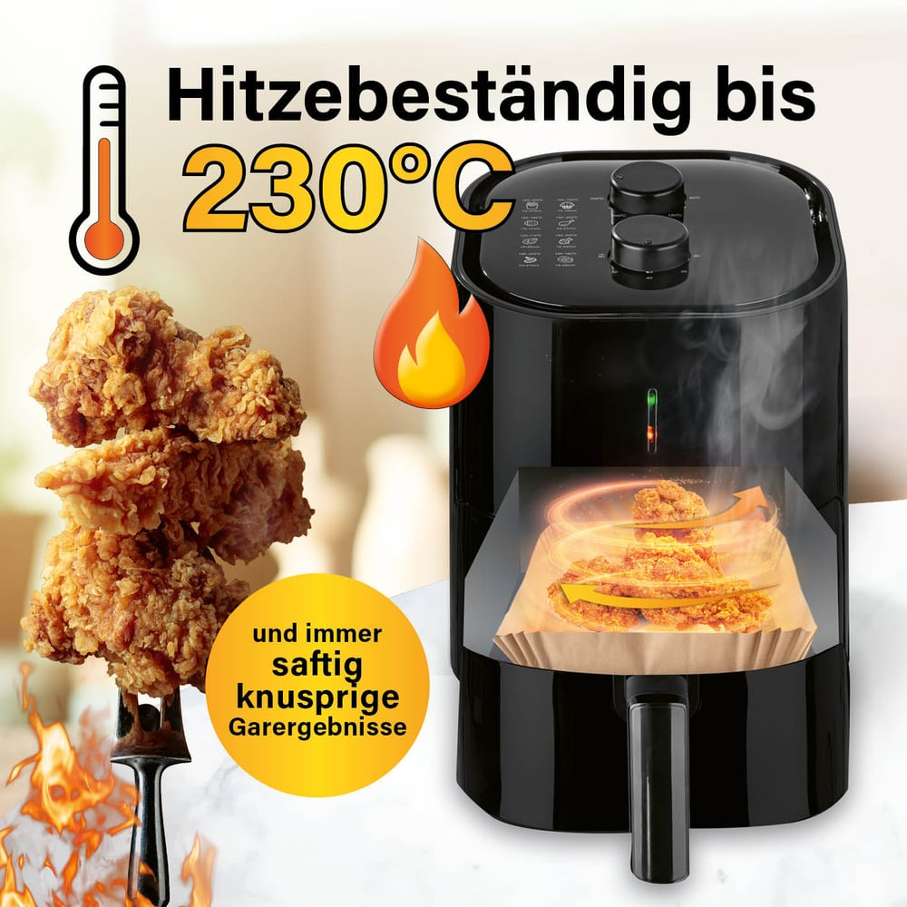 Eine Heißluftfritteuse mit Hähnchen, Flamme und Text, der Hitzebeständigkeit bis 230°C anzeigt. Auch eine Gabel mit Hähnchen.
