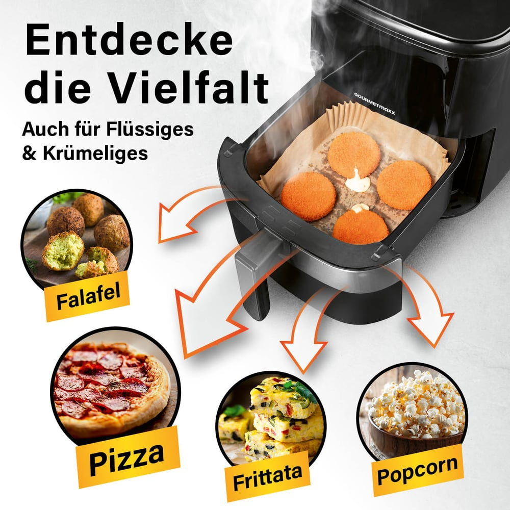 Ein Airfryer mit Essensbeispielen: Falafel, Pizza, Frittata und Popcorn. Der Frittierer enthält orangefarbene Pasteten. Text: Entdecke die Vielfalt.