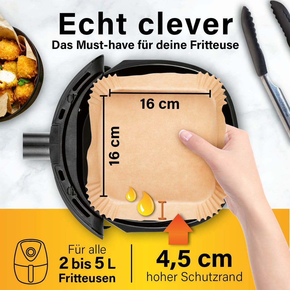 Eine Hand hält ein quadratisches Papier in einer Heißluftfritteuse. Text erwähnt Größe, Öl und 2-5L Fritteusen.