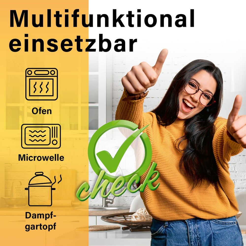Frau mit Brille gibt Daumen hoch, neben Symbolen für Ofen, Mikrowelle und Dampfgarer. Grünes Häkchen überlagert.