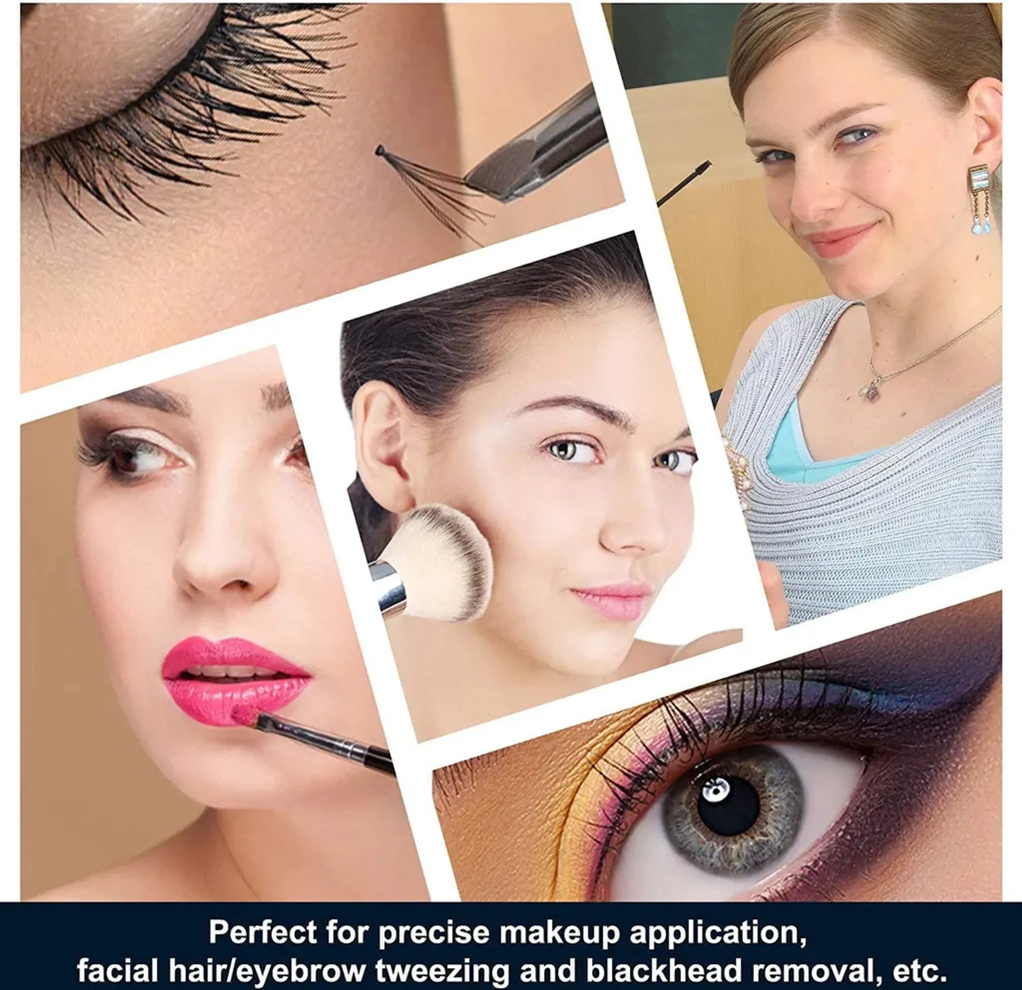 Collage von Frauen, die Make-up-Produkte verwenden, darunter das Auftragen von Mascara, Lippenstift und die Verwendung eines Pinsels.