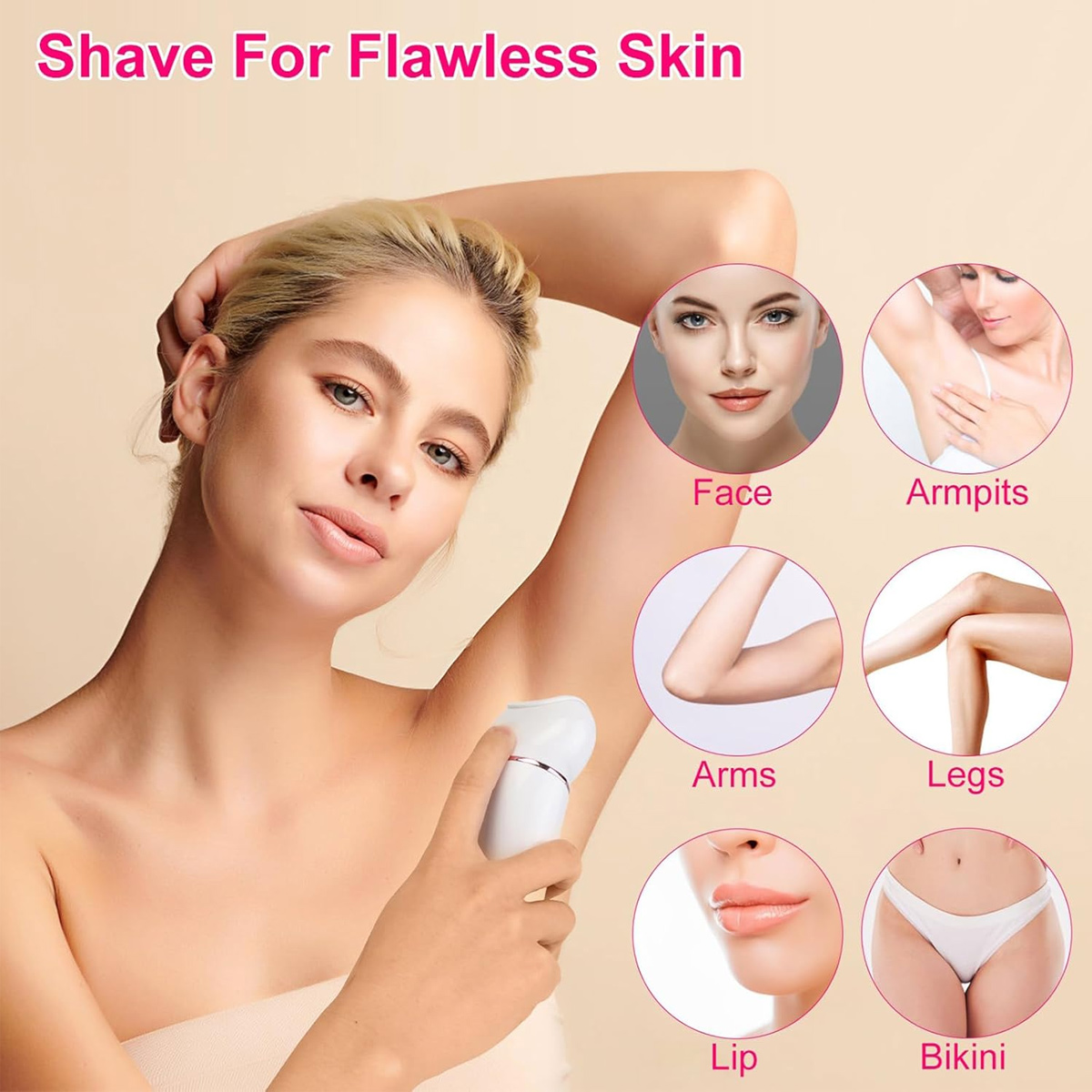 Eine Frau rasiert ihre Achselhöhle mit einem Elektrorasierer. Der Text oben lautet 'Shave For Flawless Skin'. Kleine Bilder von Körperteilen.