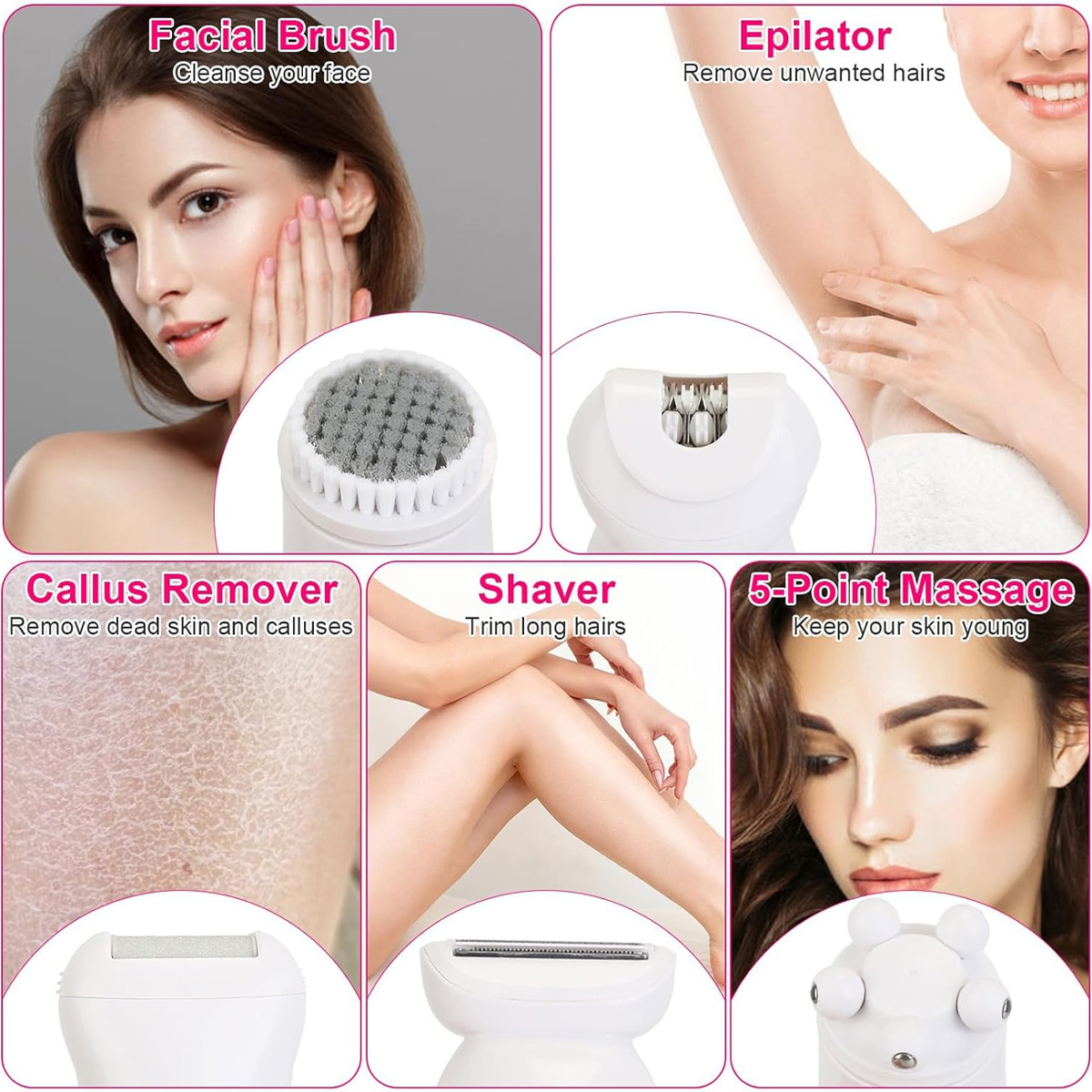 Das Bild zeigt Beauty-Tools: Gesichtsbürste, Epilierer, Hornhautentferner, Rasierer und 5-Punkt-Massagegerät. Jedes Werkzeug wird mit einem Bild gezeigt.