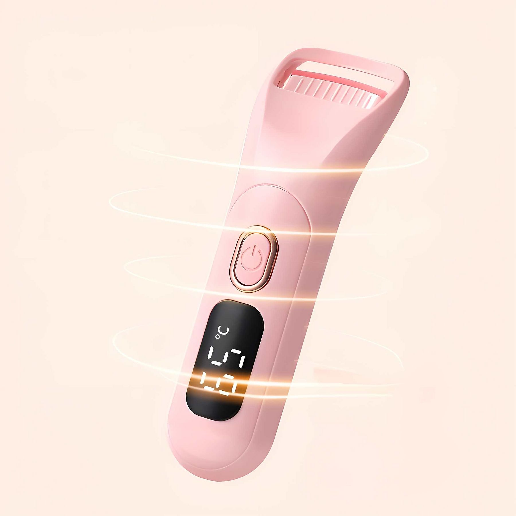 Ein pinkfarbener Wimpernzange mit digitaler Anzeige, die eine Temperatur anzeigt. Der Hintergrund ist ein sanfter Farbverlauf.