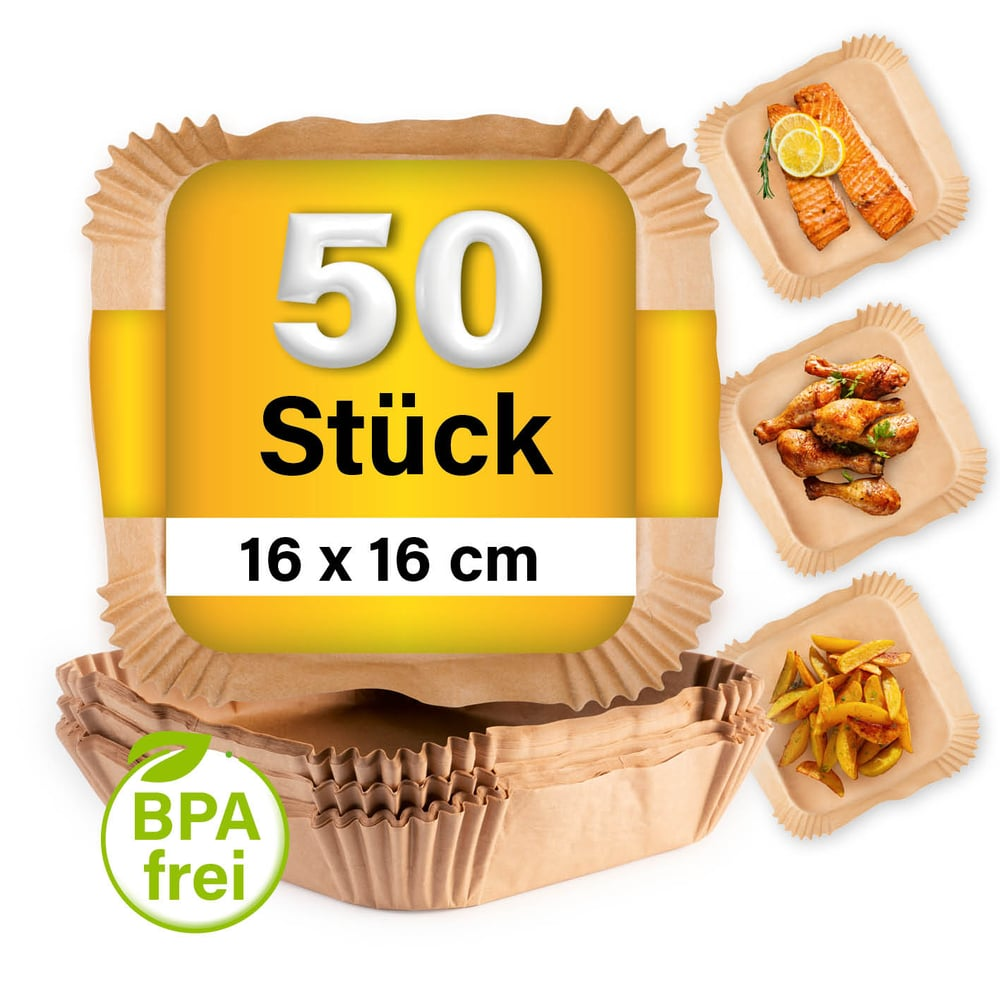 Verpackung mit 50 Stück, 16x16 cm, für Lebensmittel. Enthält Bilder von Essen wie Hähnchen, Lachs und Pommes und BPA-frei-Etikett.