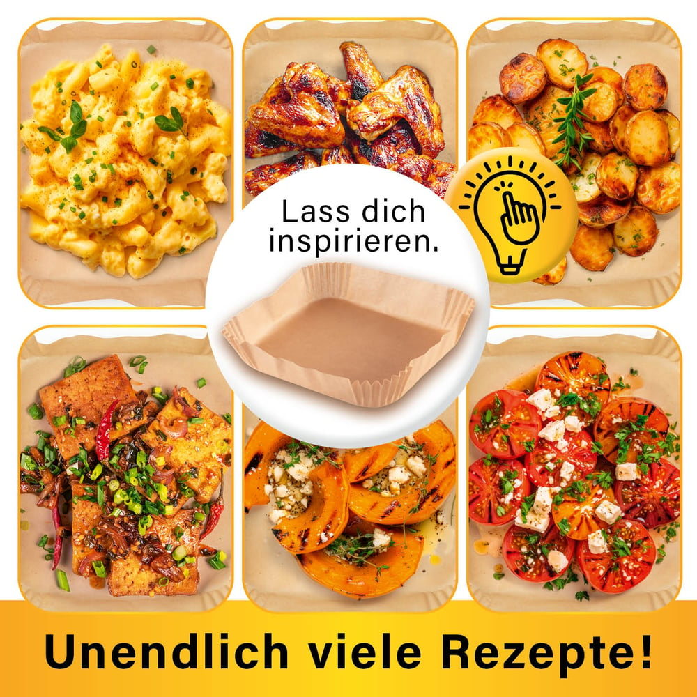Sechs Gerichte: Makkaroni mit Käse, Hähnchenflügel, Kartoffeln, Tofu, Kürbis und Tomaten, auf Papiertellern, mit Text und Glühbirne.