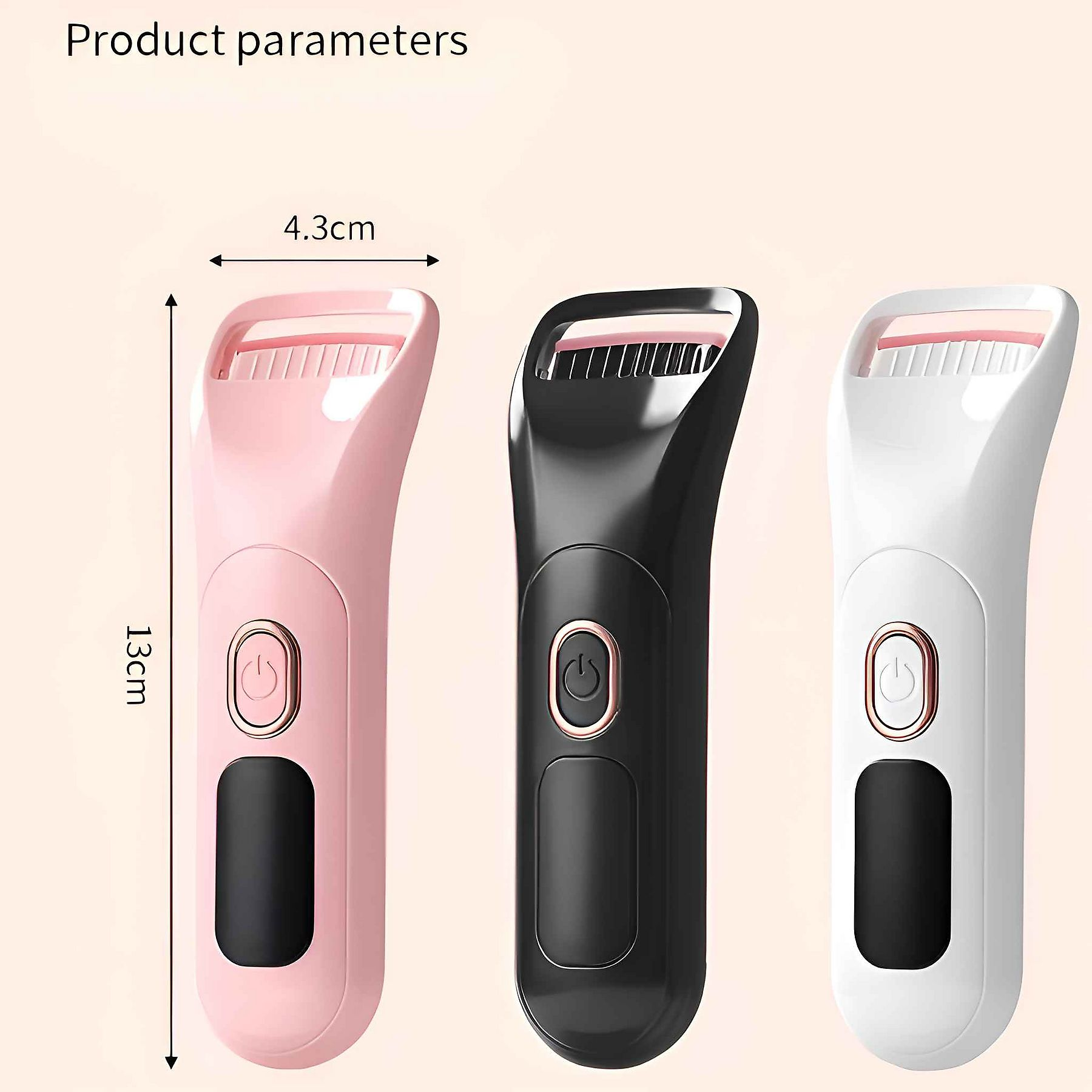 Drei Wimpernzangen: rosa, schwarz und weiß. Jede hat einen Power-Knopf. Produktparameter: 4,3 cm x 13 cm.