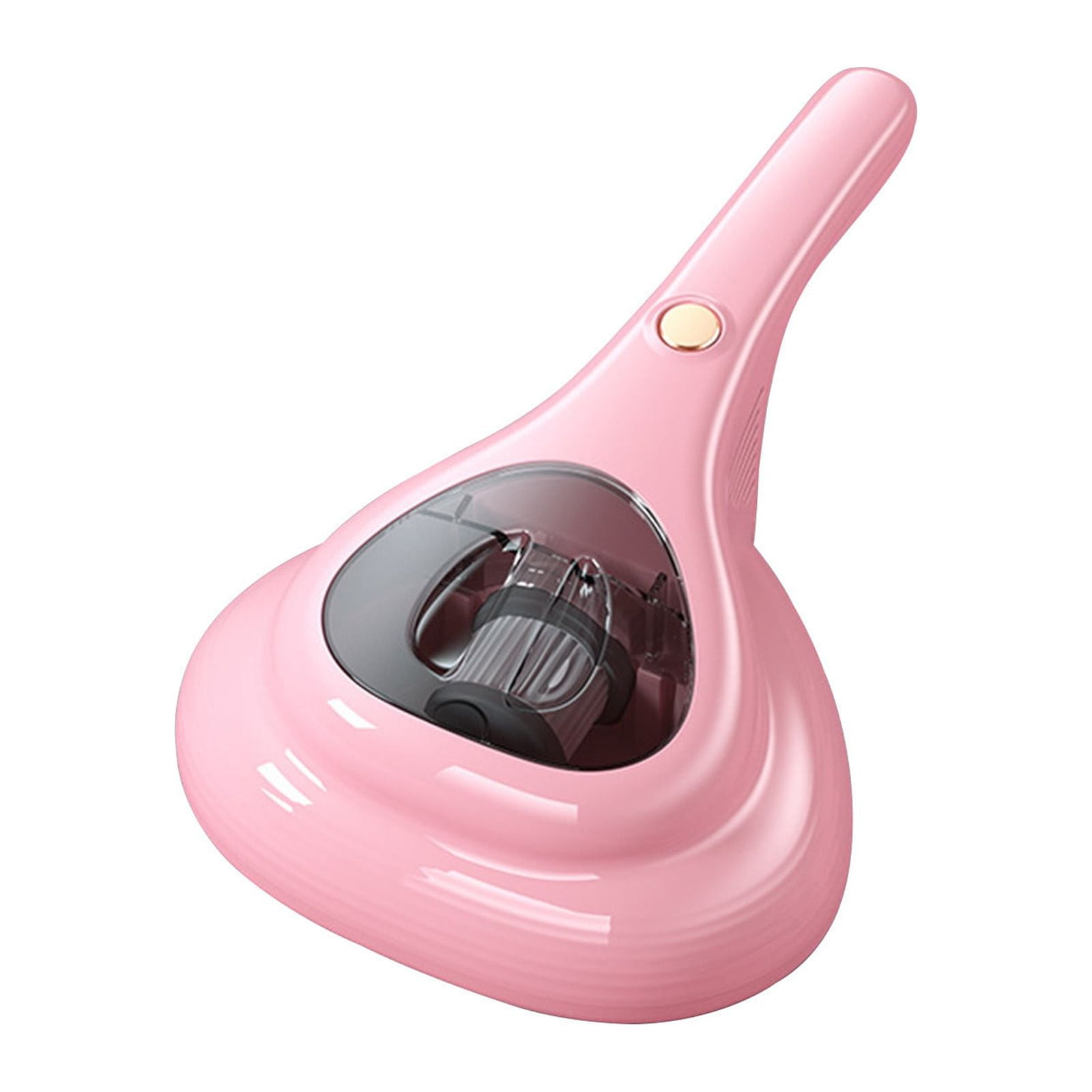 Ein rosa Handstaubsauger. Er hat einen langen Griff mit Knopf und einen transparenten Abschnitt mit Filter.